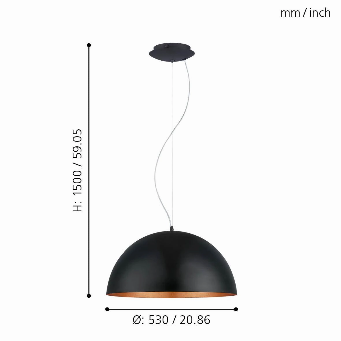 Eglo Gaetano 1 Round Black & Copper Ceiling Pendant - 53cm