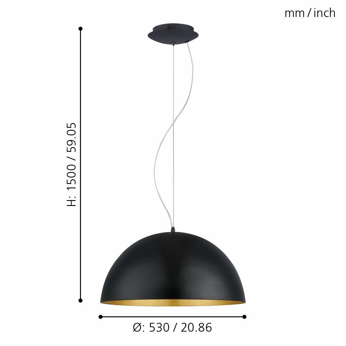 Eglo Gaetano 1 Round Black & Gold Ceiling Pendant - 53cm