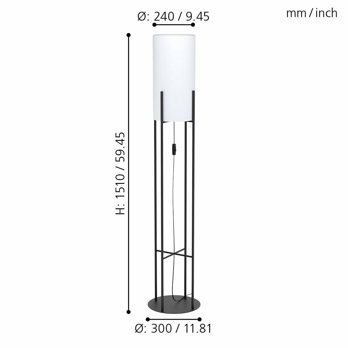 Eglo Glastonbury Black Metal Floor Lamp With White Fabric Shade