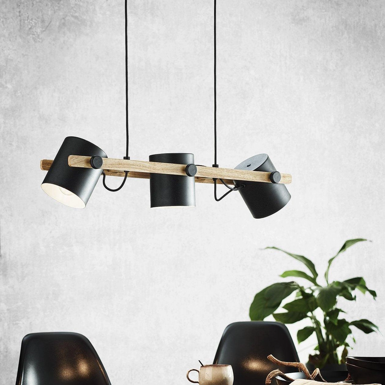 Eglo Hornwood Wooden Bar Ceiling Pendant With Black Shades