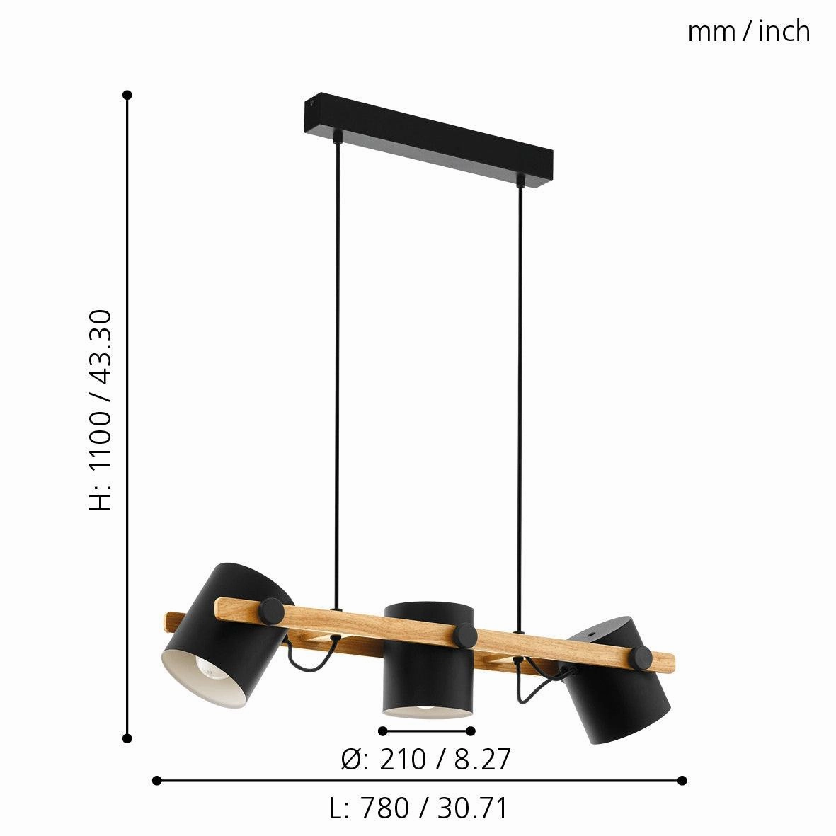Eglo Hornwood Wooden Bar Ceiling Pendant With Black Shades