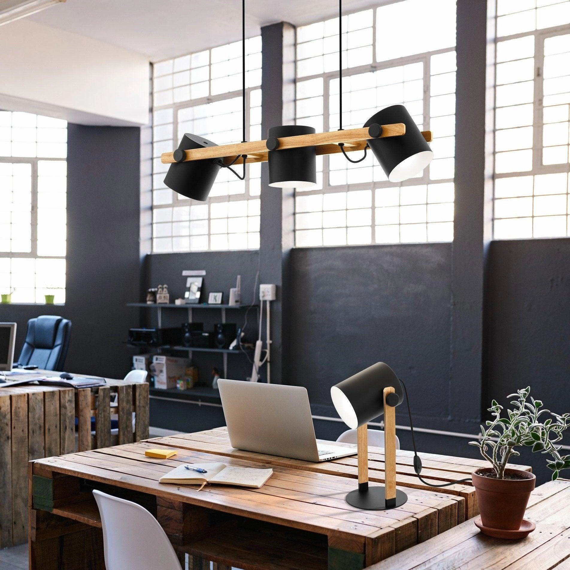 Eglo Hornwood Wooden Bar Ceiling Pendant With Black Shades sleek LED ceiling lamp