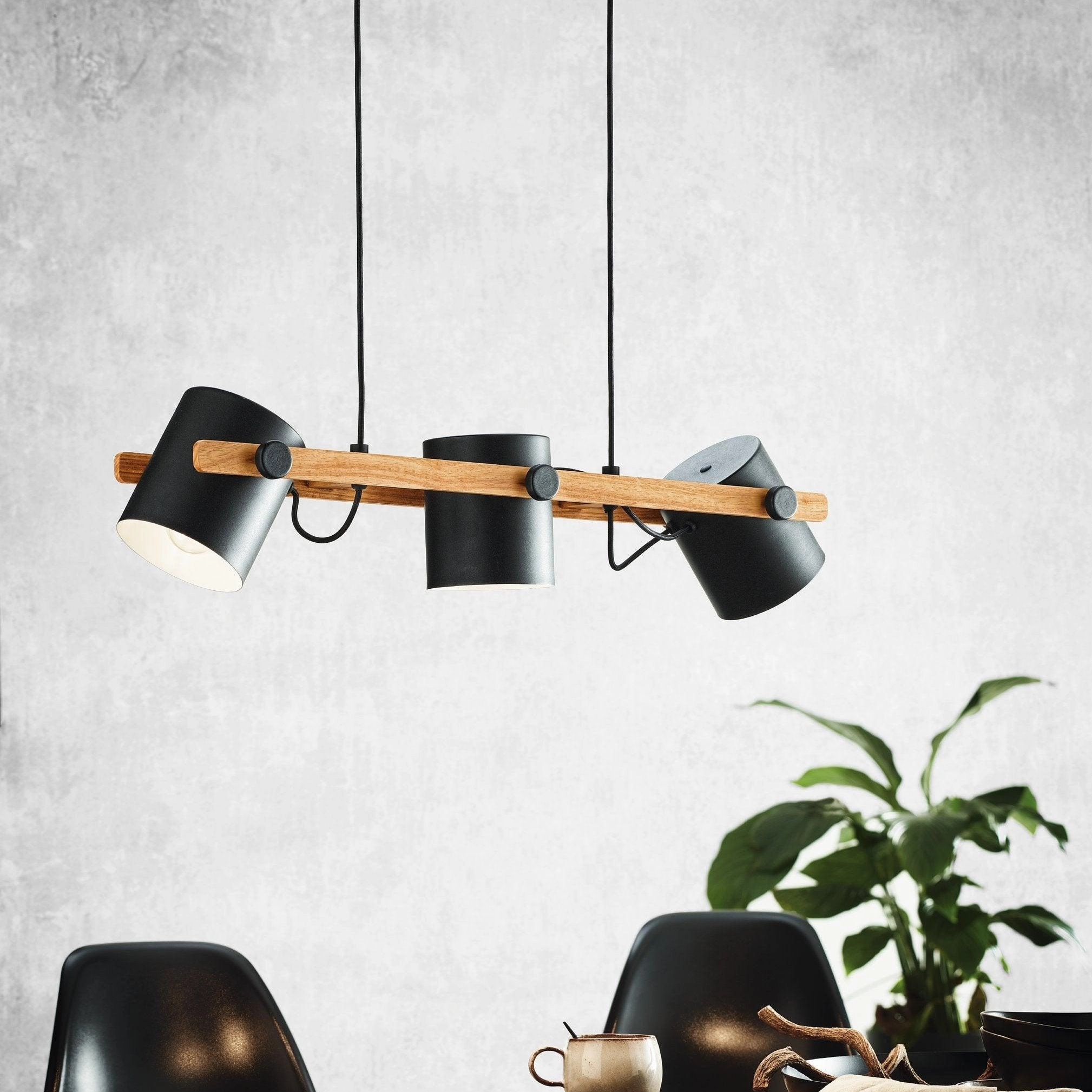 Eglo Hornwood Wooden Bar Ceiling Pendant With Black Shades