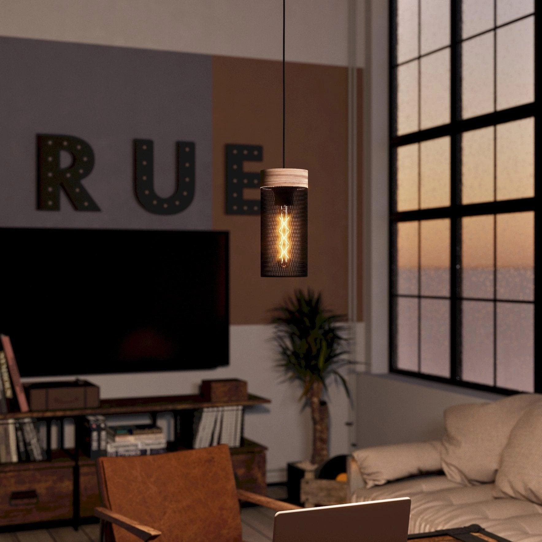 Eglo Kilnsdale Wood & Black Metal Mesh Ceiling Pendant flush mount ceiling fixture