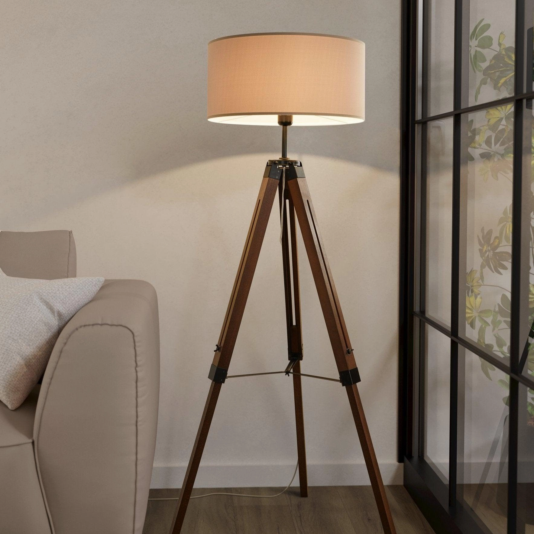Eglo Lantada Adjustable Wood Tripod Floor Lamp - Taupe Fabric Shade