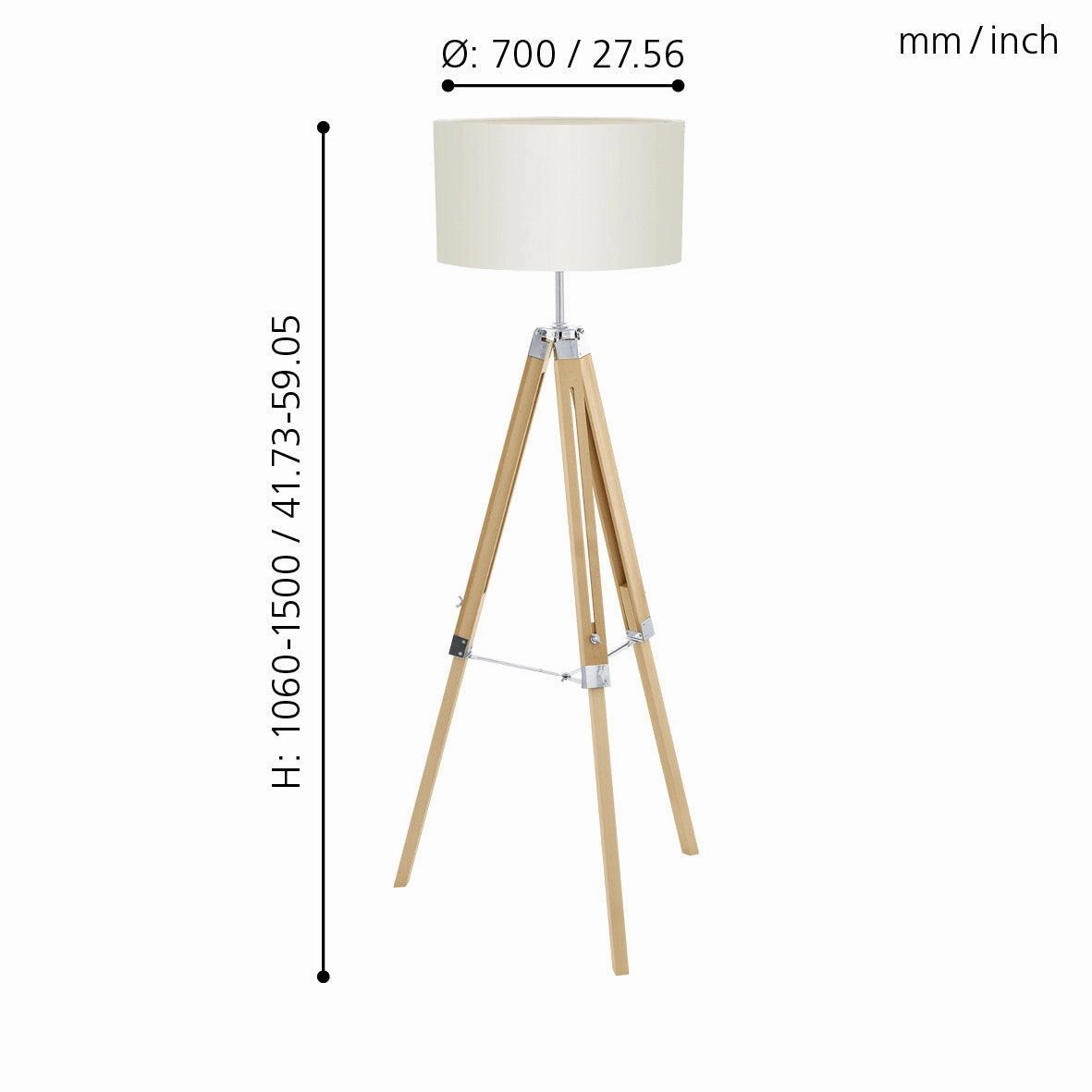 Eglo Lantada Adjustable Wooden Tripod Floor Lamp - Beige Fabric Shade
