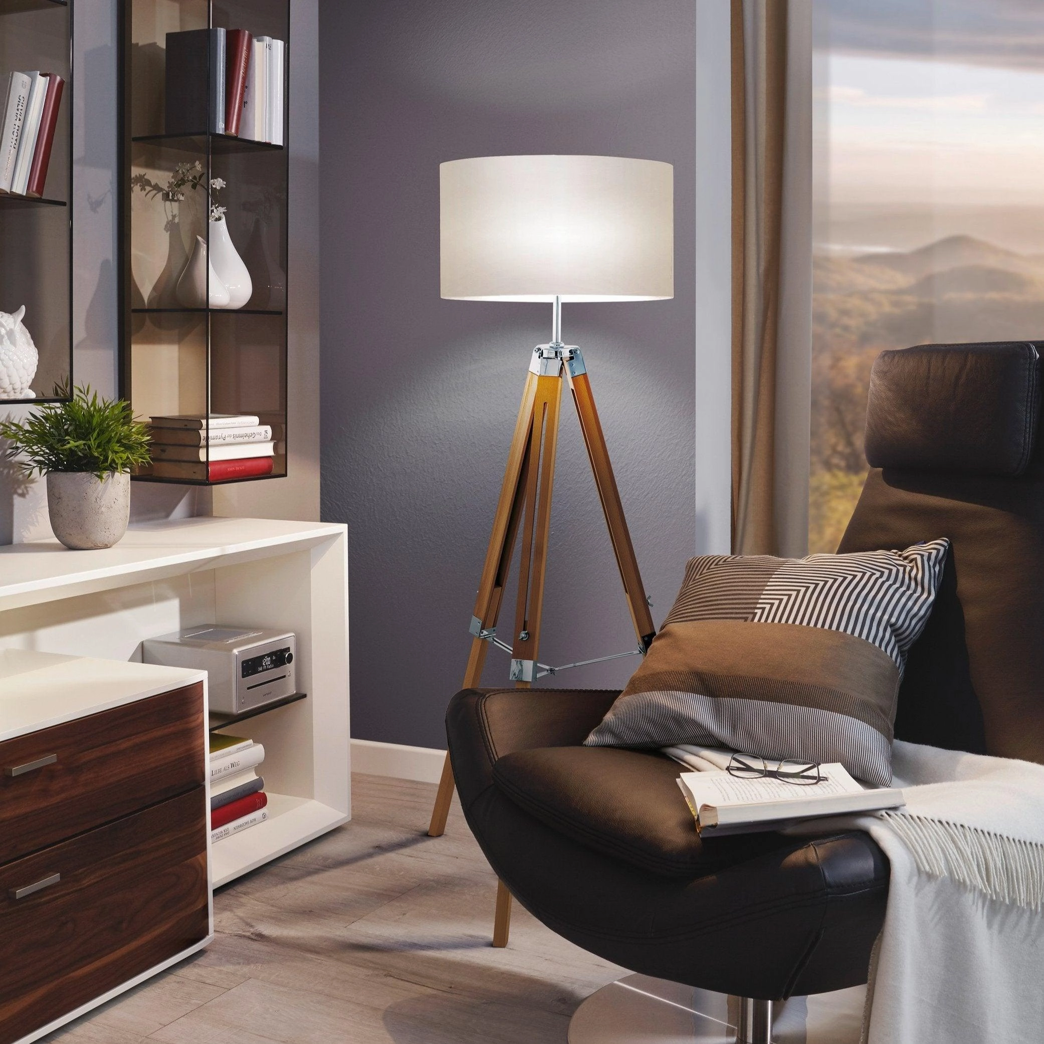 Eglo Lantada Adjustable Wooden Tripod Floor Lamp - Beige Fabric Shade creative lampshade design