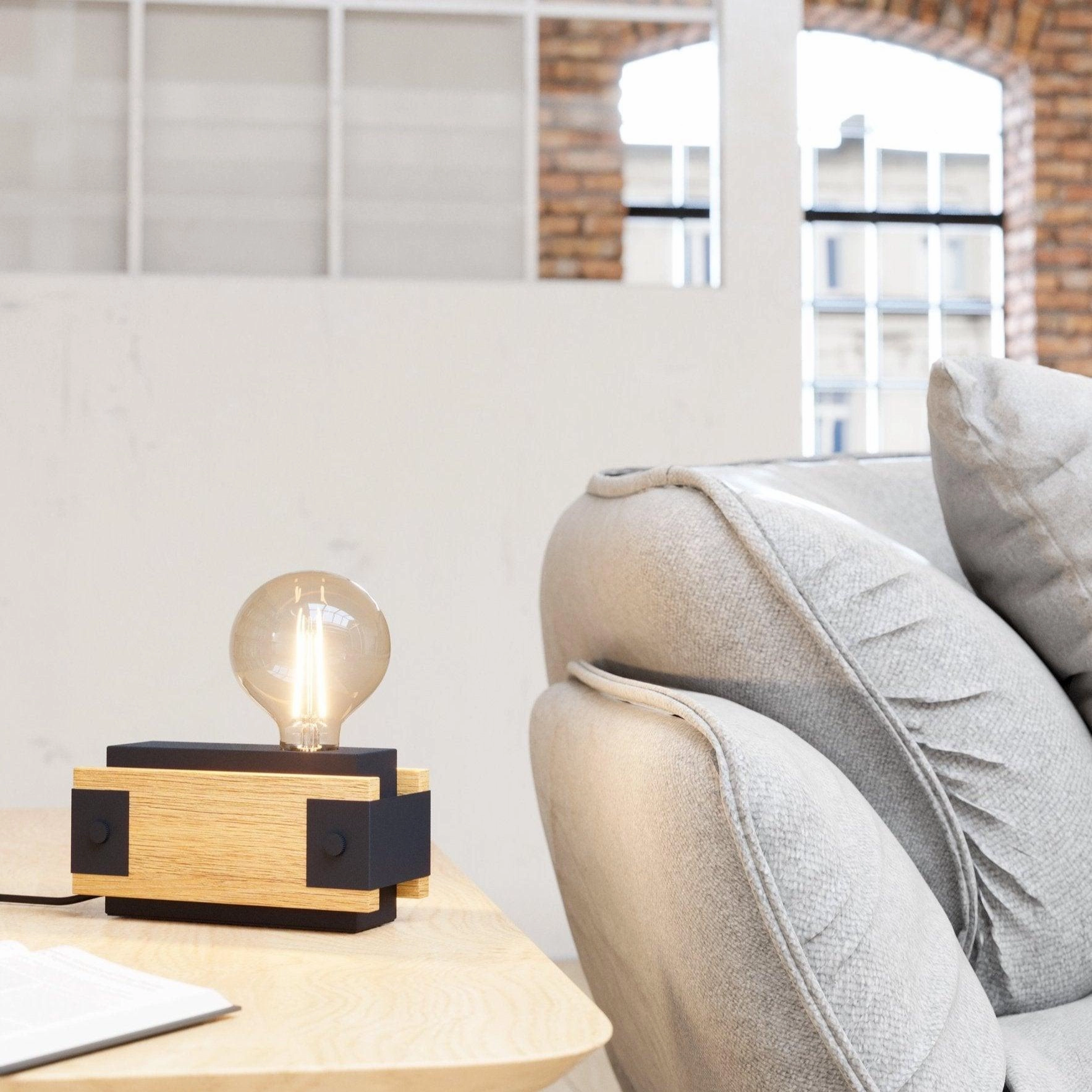 Eglo Layham Black Metal & Burnt Wood Table Lamp energy-saving LED light