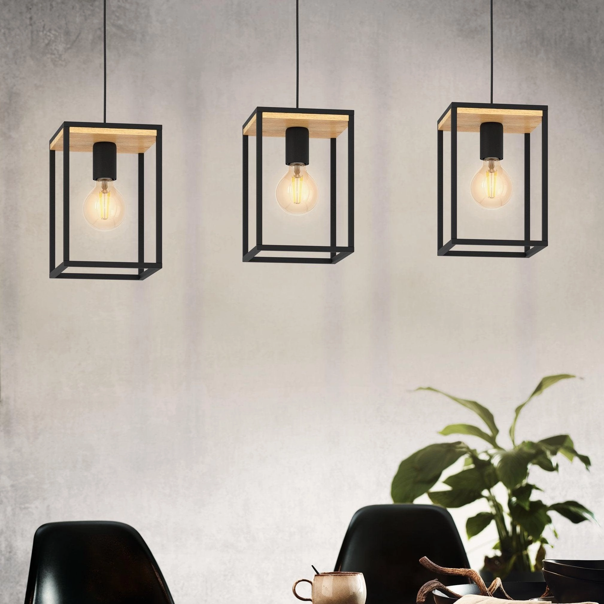Eglo Libertad 3 Light Black Metal & Wood Pendant flush mount ceiling fixture