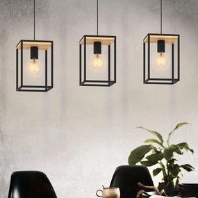 Eglo Libertad 3 Light Black Metal & Wood Pendant flush mount ceiling fixture
