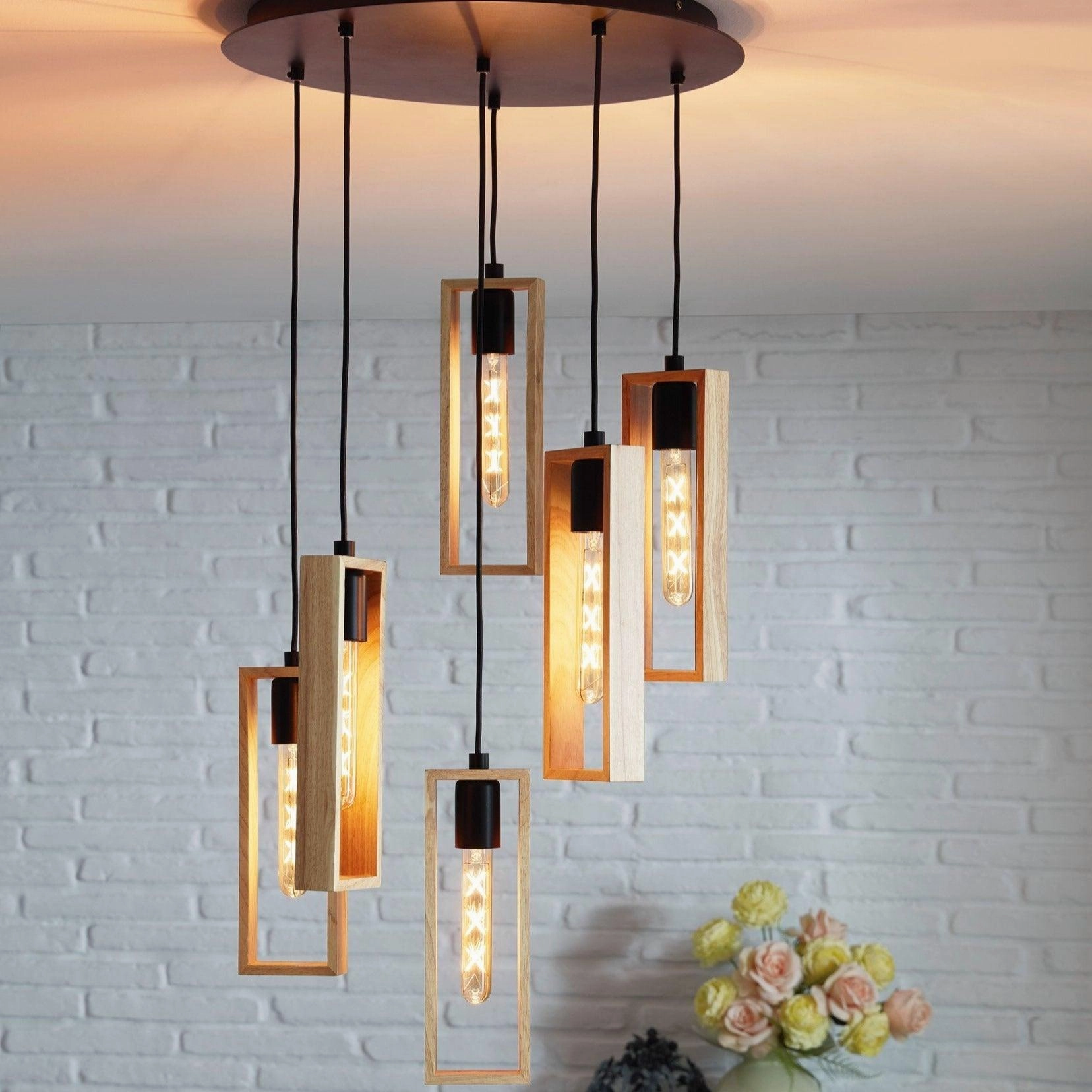Eglo Littleton 6 Light Black & Rubberwood Ceiling Pendant
