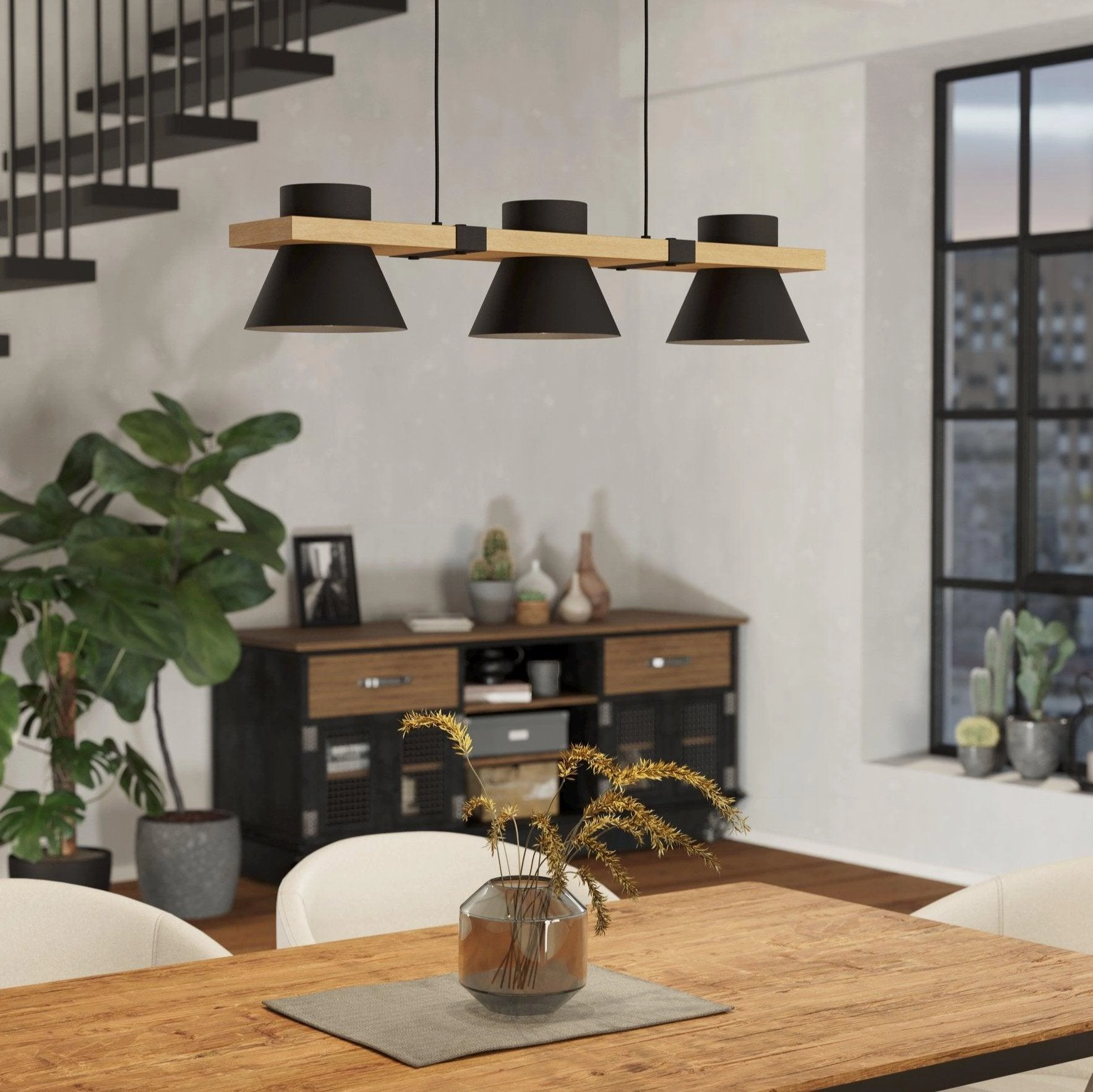 Eglo Maccles 3 Light Black and Wooden Plate Ceiling Pendant flush mount ceiling fixture