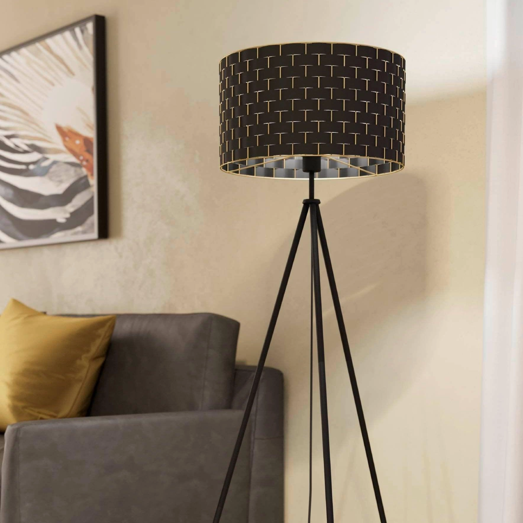 Eglo Marasales Black Tripod Floor Lamp With Brass & Fabric Shade