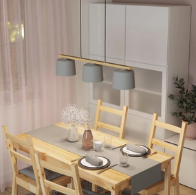 Eglo Mariel 3 Light Wood Beam & Grey Fabric Pendant sleek LED ceiling lamp