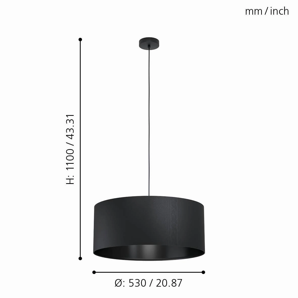 Eglo Maserlo 1 Black Round Fabric Ceiling Pendant - 53cm