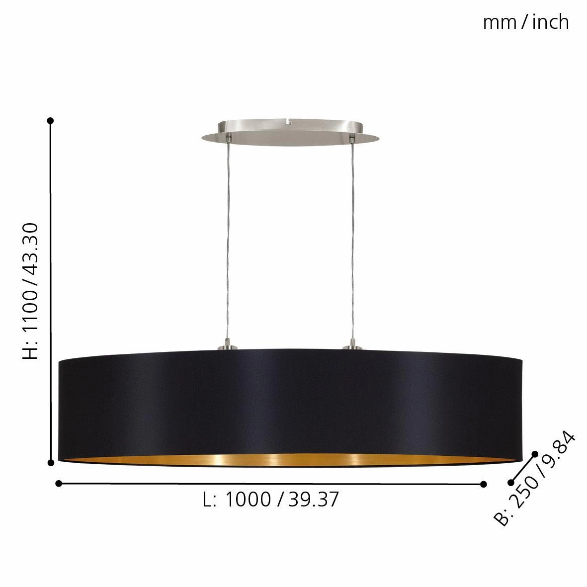 Eglo Maserlo Nickel Ceiling Pendant Oval Black & Gold Shade - 100cm