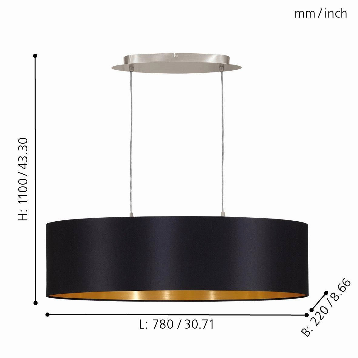 Eglo Maserlo Nickel Ceiling Pendant Oval Black & Gold Shade - 78cm