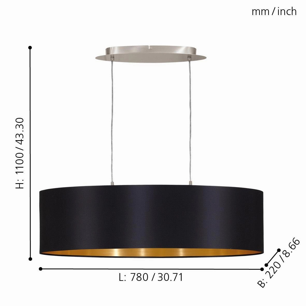 Eglo Maserlo Nickel Ceiling Pendant Oval Black & Gold Shade - 78cm