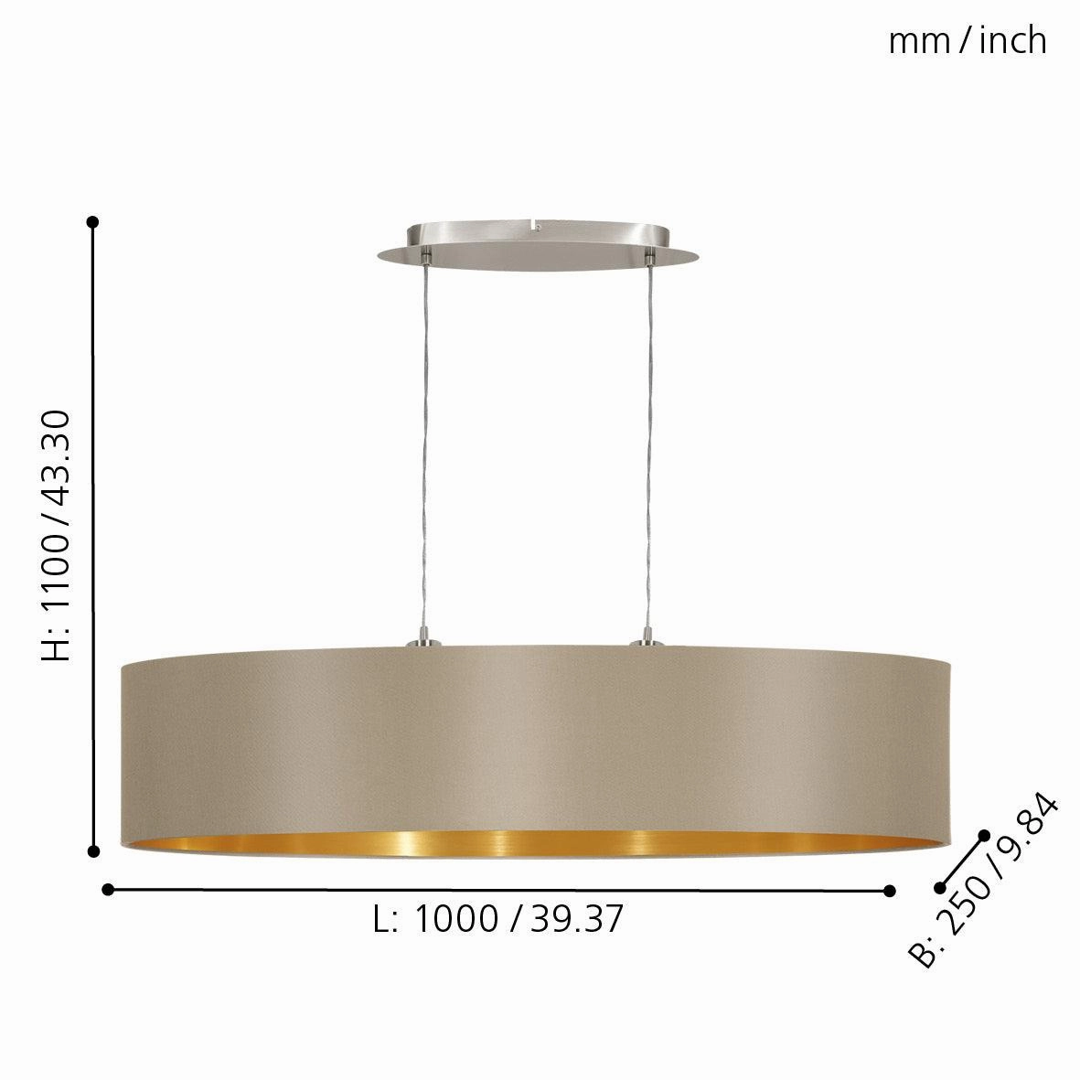 Eglo Maserlo Nickel Ceiling Pendant Oval Taupe & Gold Shade -100cm