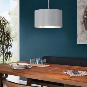Eglo Maserlo Nickel Ceiling Pendant With Fabric Grey & Silver Shade sleek LED ceiling lamp