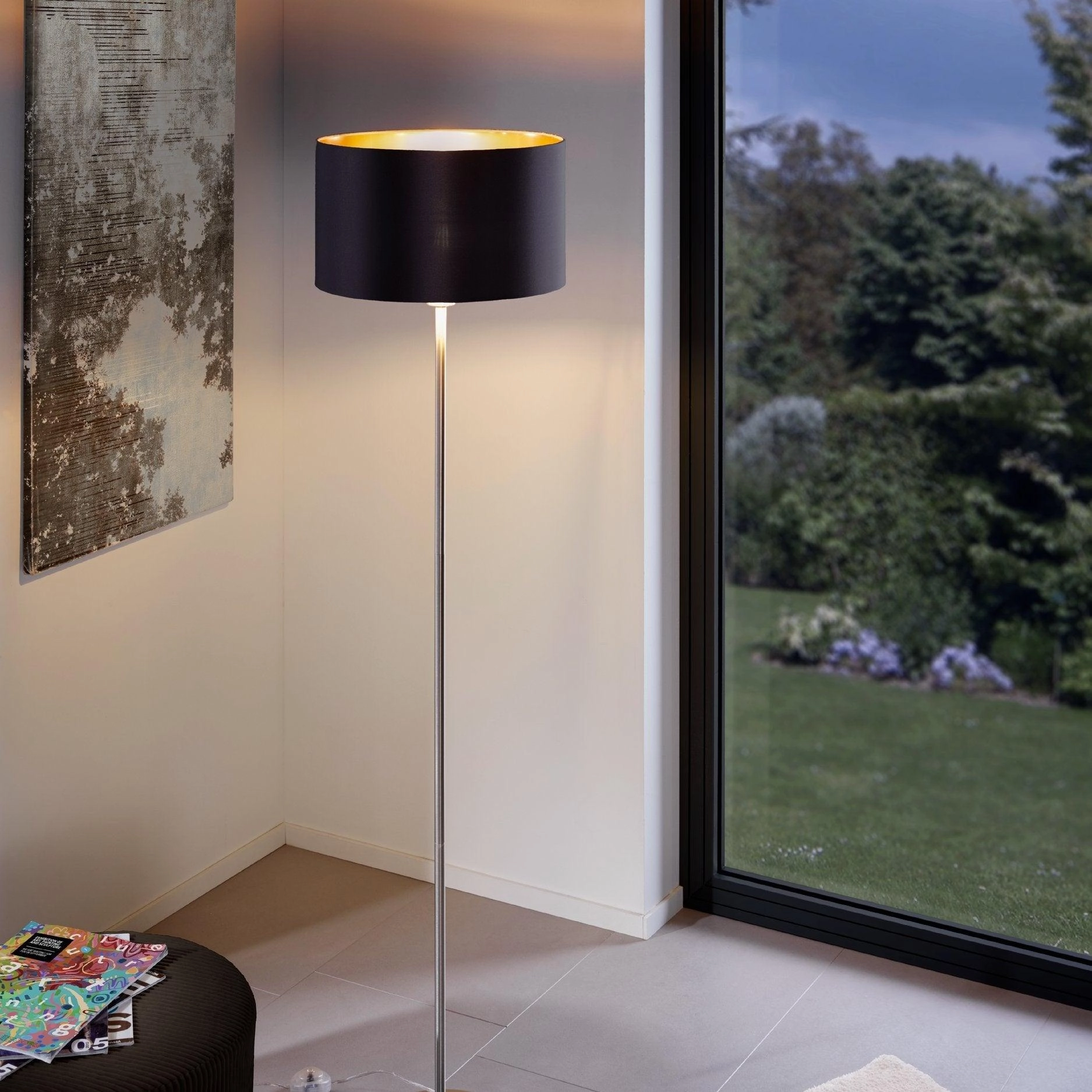Eglo Maserlo Nickel Floor Lamp With Black & Gold Fabric Shade