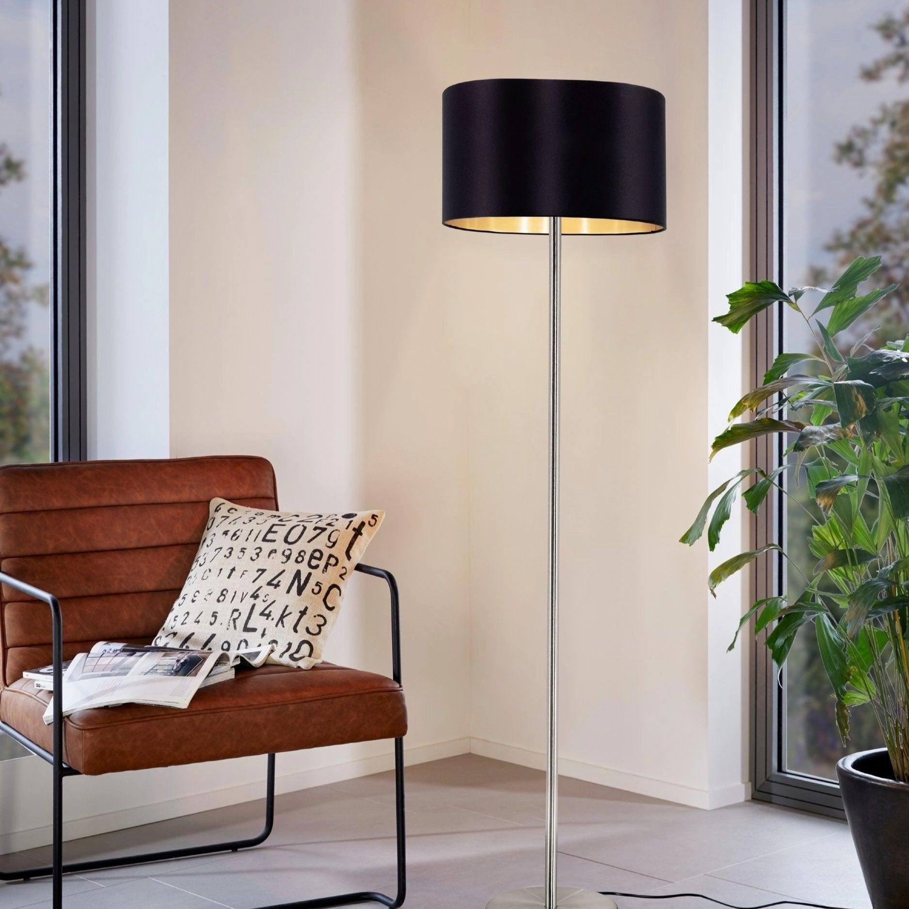 Eglo Maserlo Nickel Floor Lamp With Black & Gold Fabric Shade