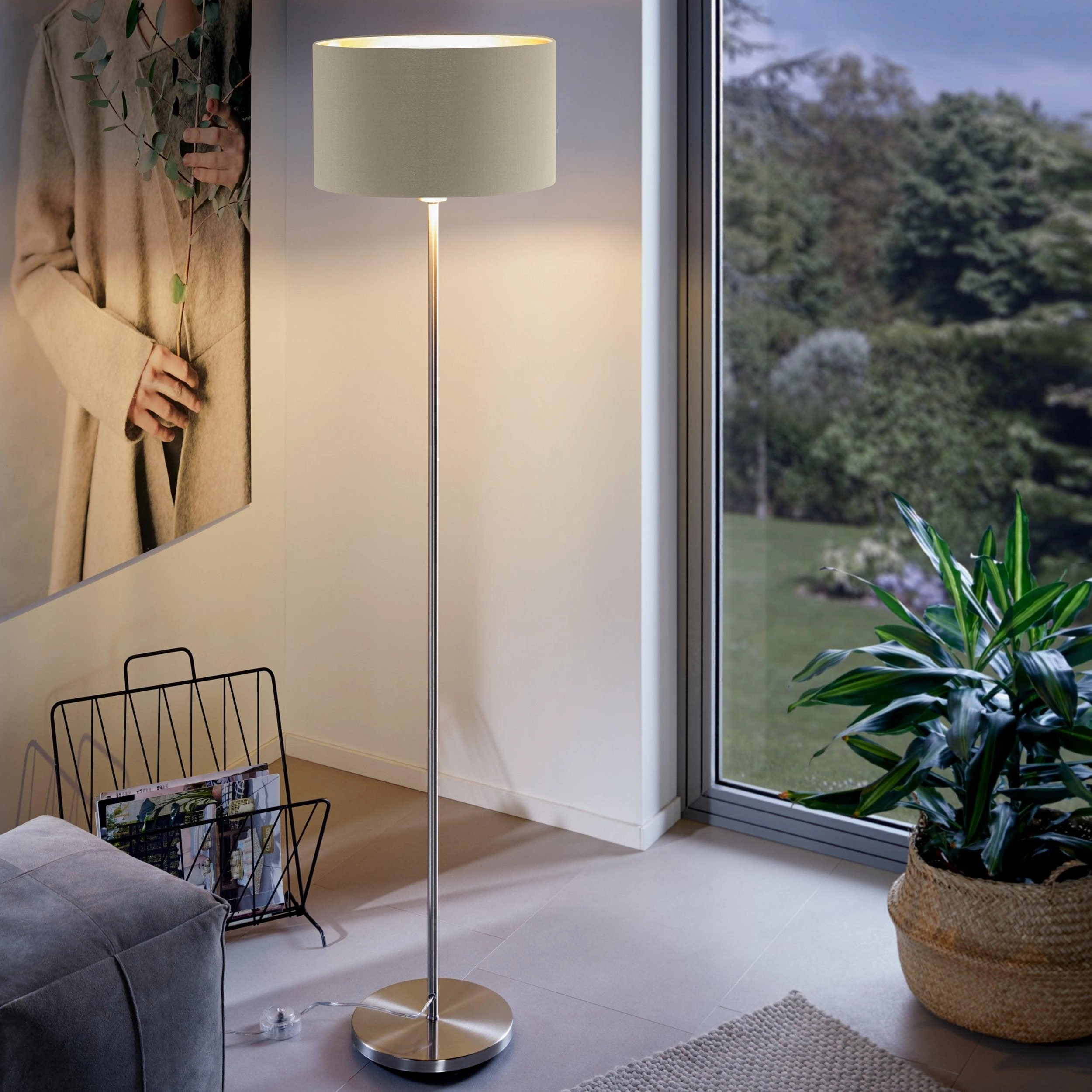 Eglo Maserlo Nickel Floor Lamp With Taupe & Gold Fabric Shade creative lampshade design