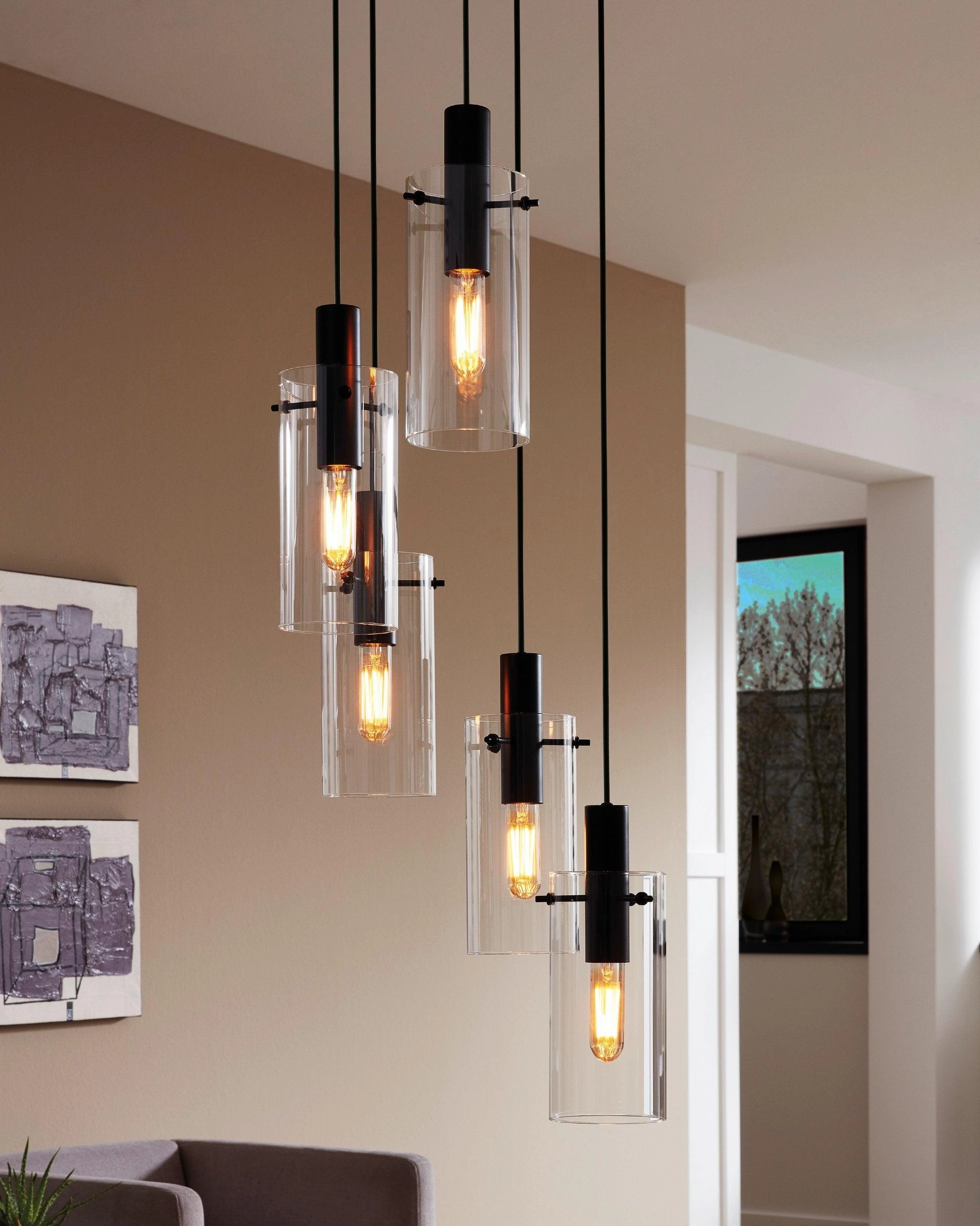 Eglo Montefino 5 Light Black & Clear Glass Cylinder Pendant