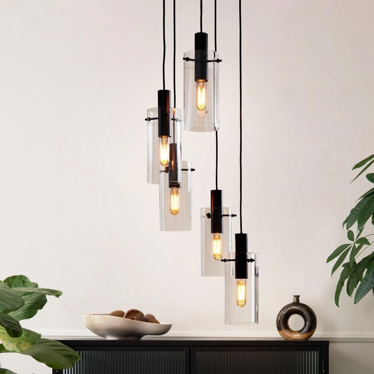 Eglo Montefino 5 Light Black & Clear Glass Cylinder Pendant