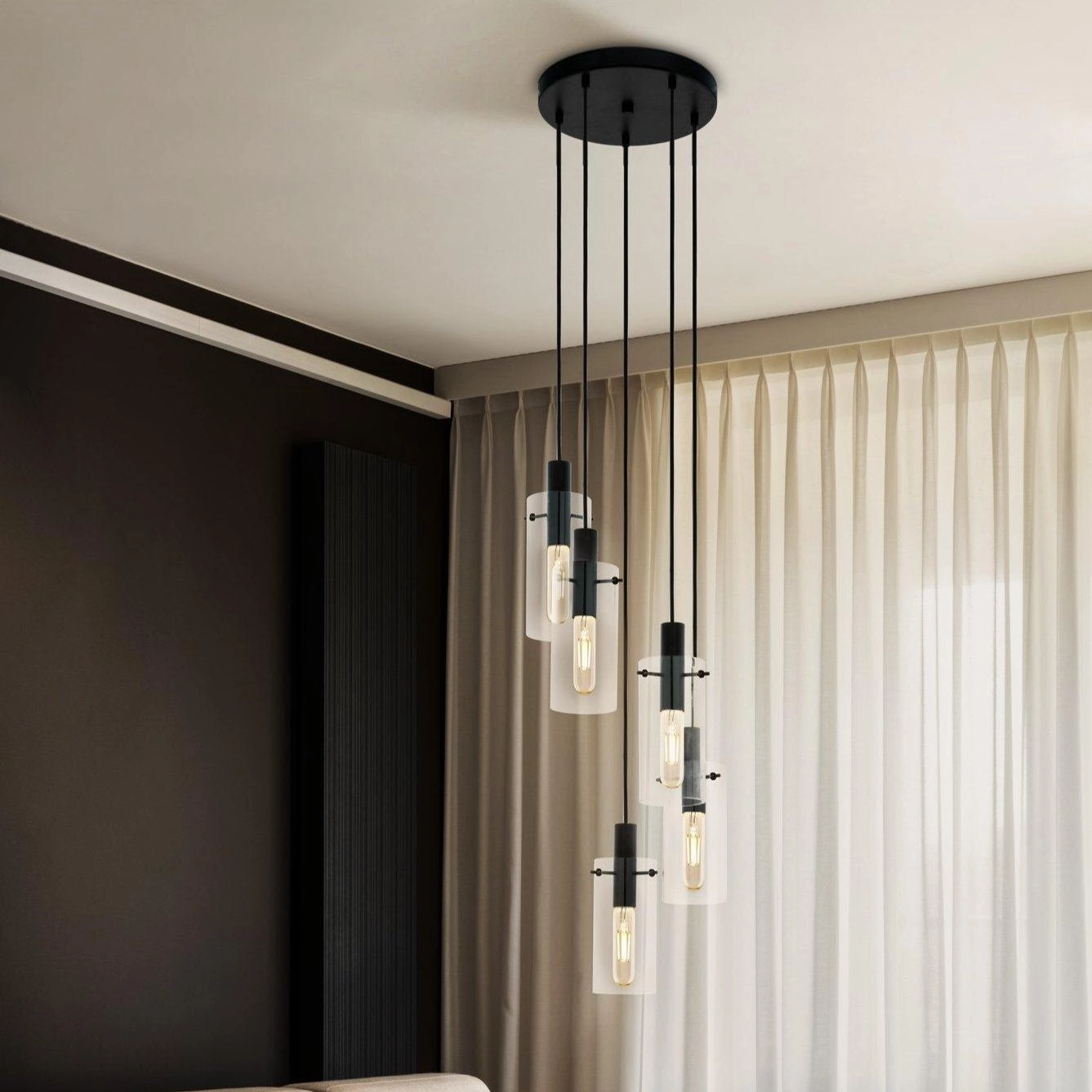 Eglo Montefino 5 Light Black & Clear Glass Cylinder Pendant