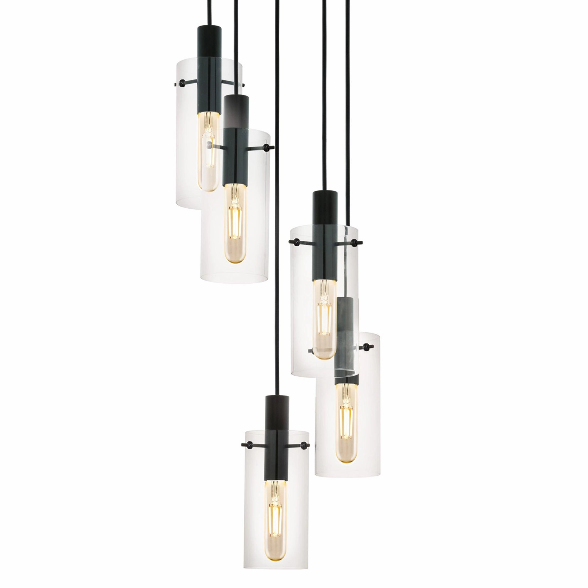 Eglo Montefino 5 Light Black & Clear Glass Cylinder Pendant