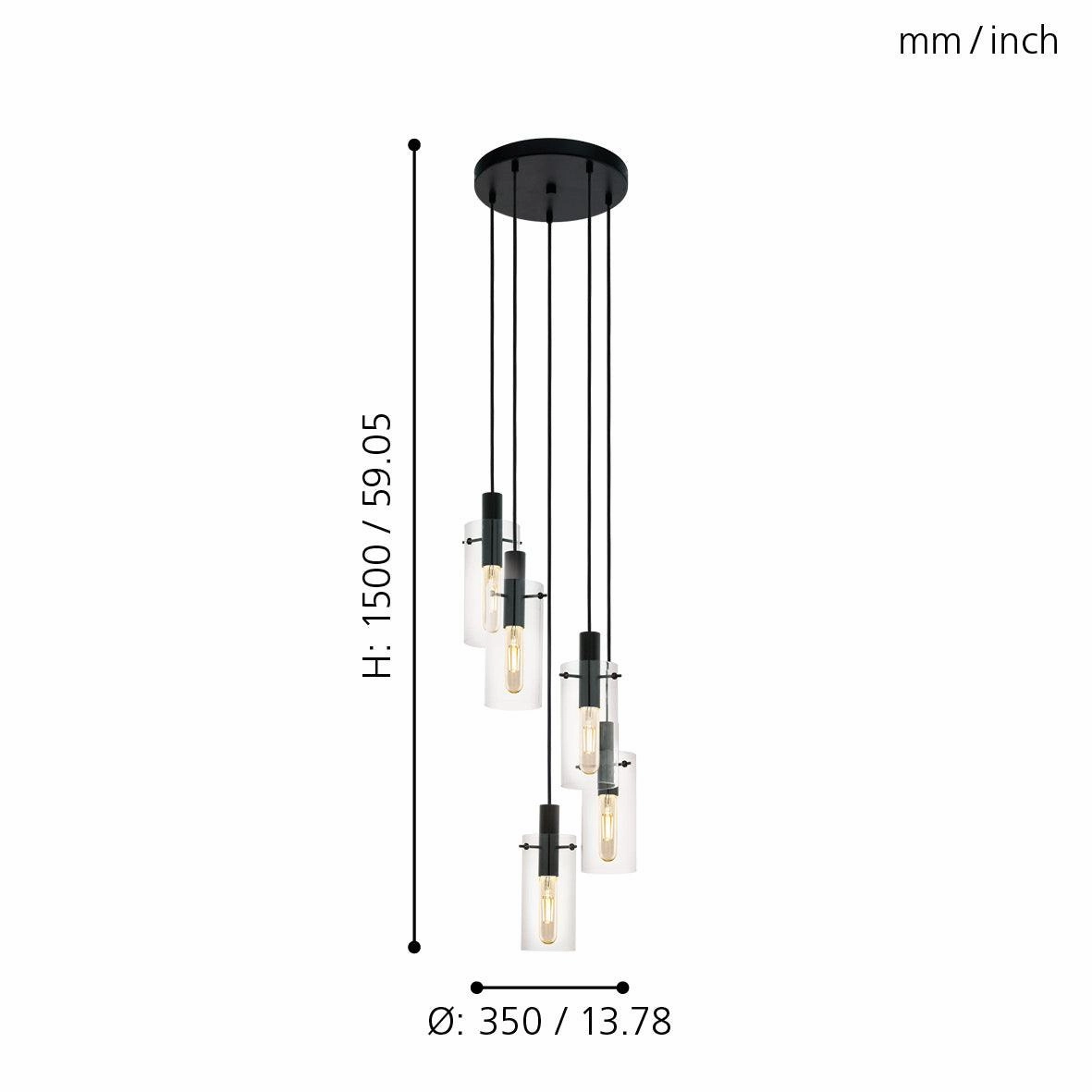 Eglo Montefino 5 Light Black & Clear Glass Cylinder Pendant