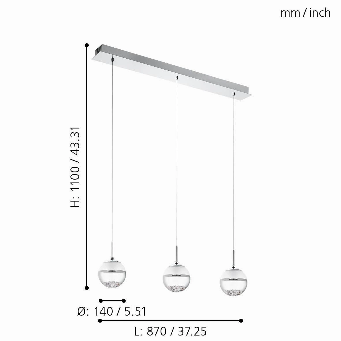 Eglo Montefio 1 3 Light LED Chrome Bar Pendant -Spherical Glass Shades