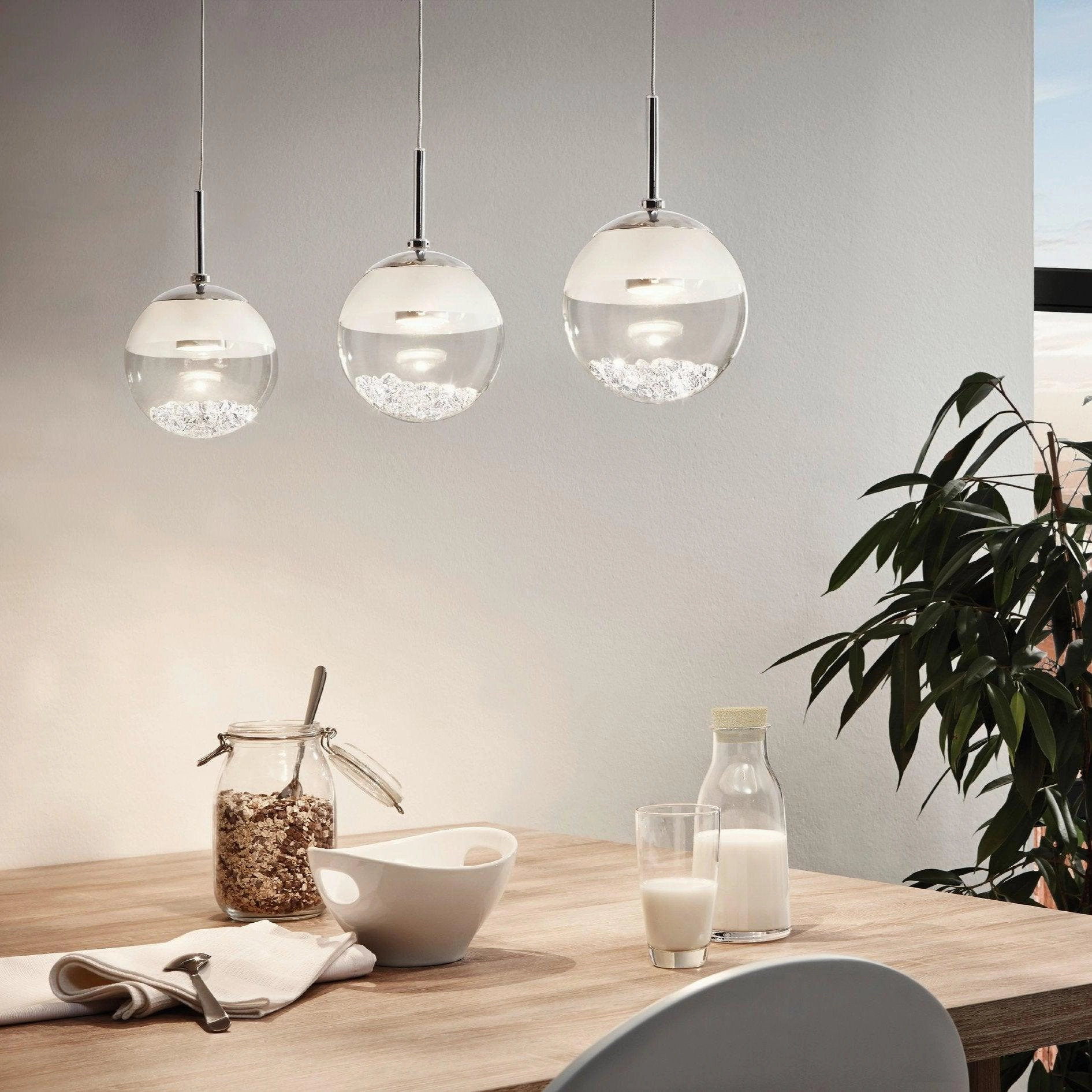 Eglo Montefio 1 3 Light LED Chrome Bar Pendant -Spherical Glass Shades
