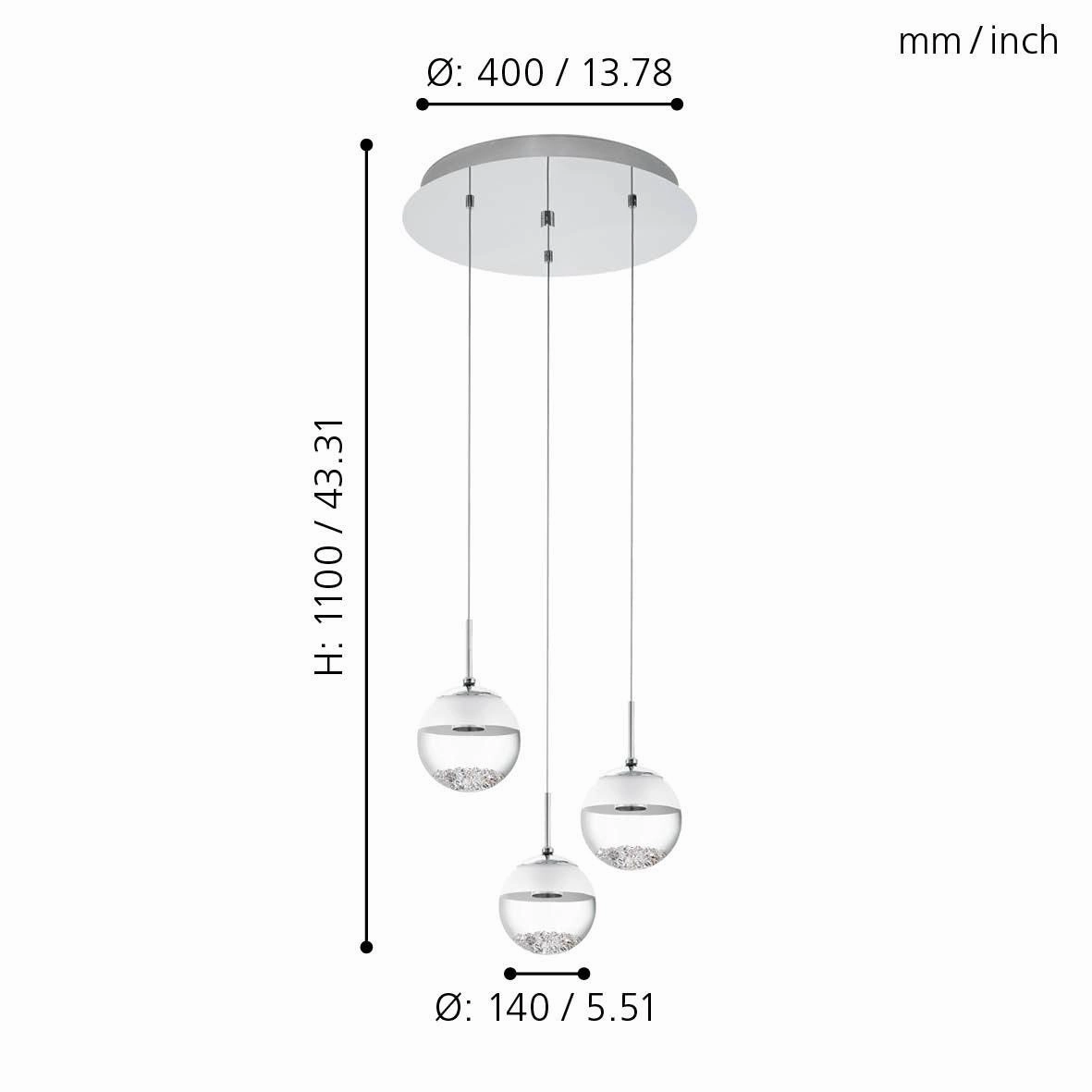 Eglo Montefio 1 3 Light LED Chrome Pendant -Spherical Glass Shades