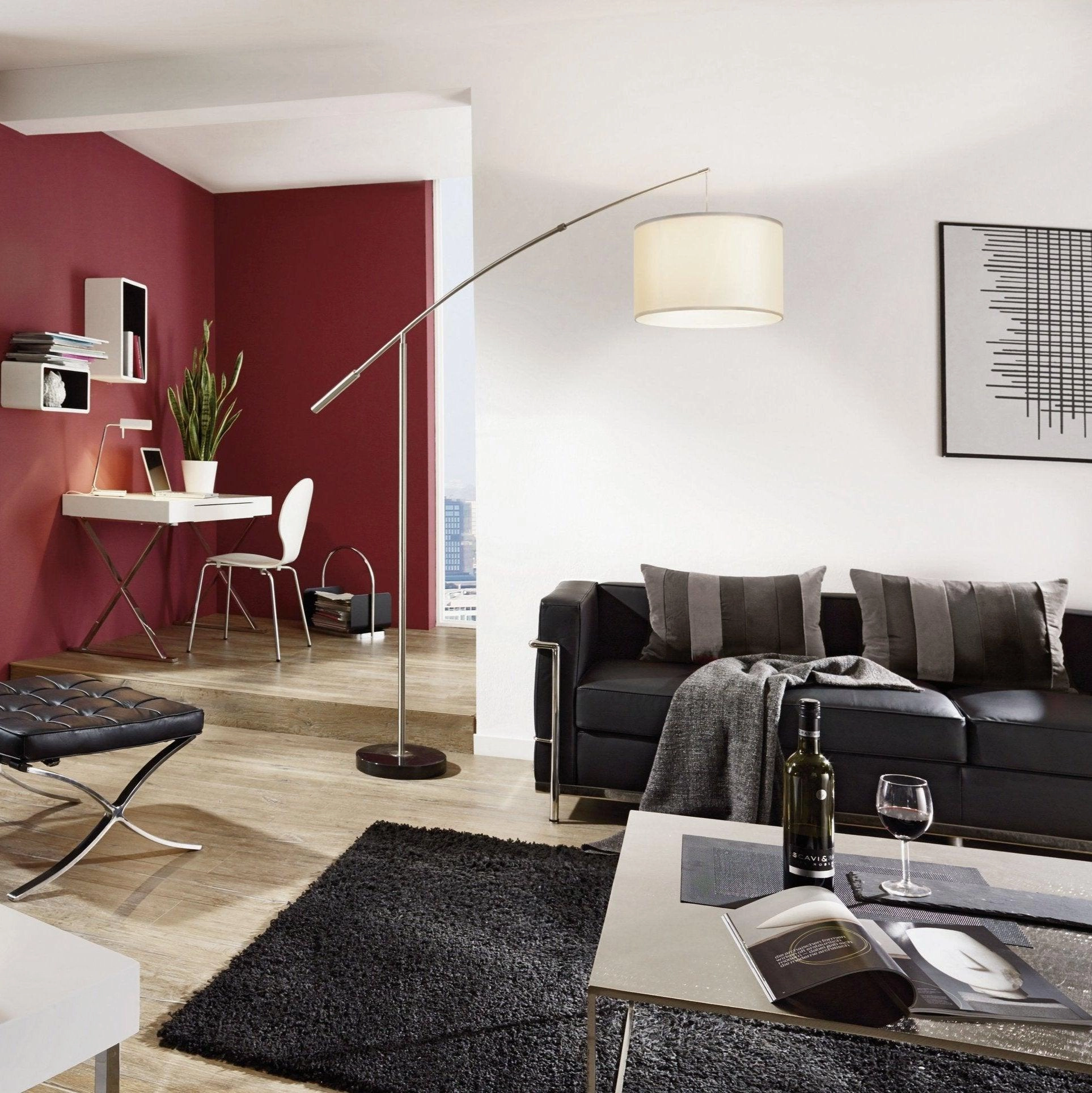 Eglo Nadina Nickel Boom Arm Floor Lamp With White Fabric Shade