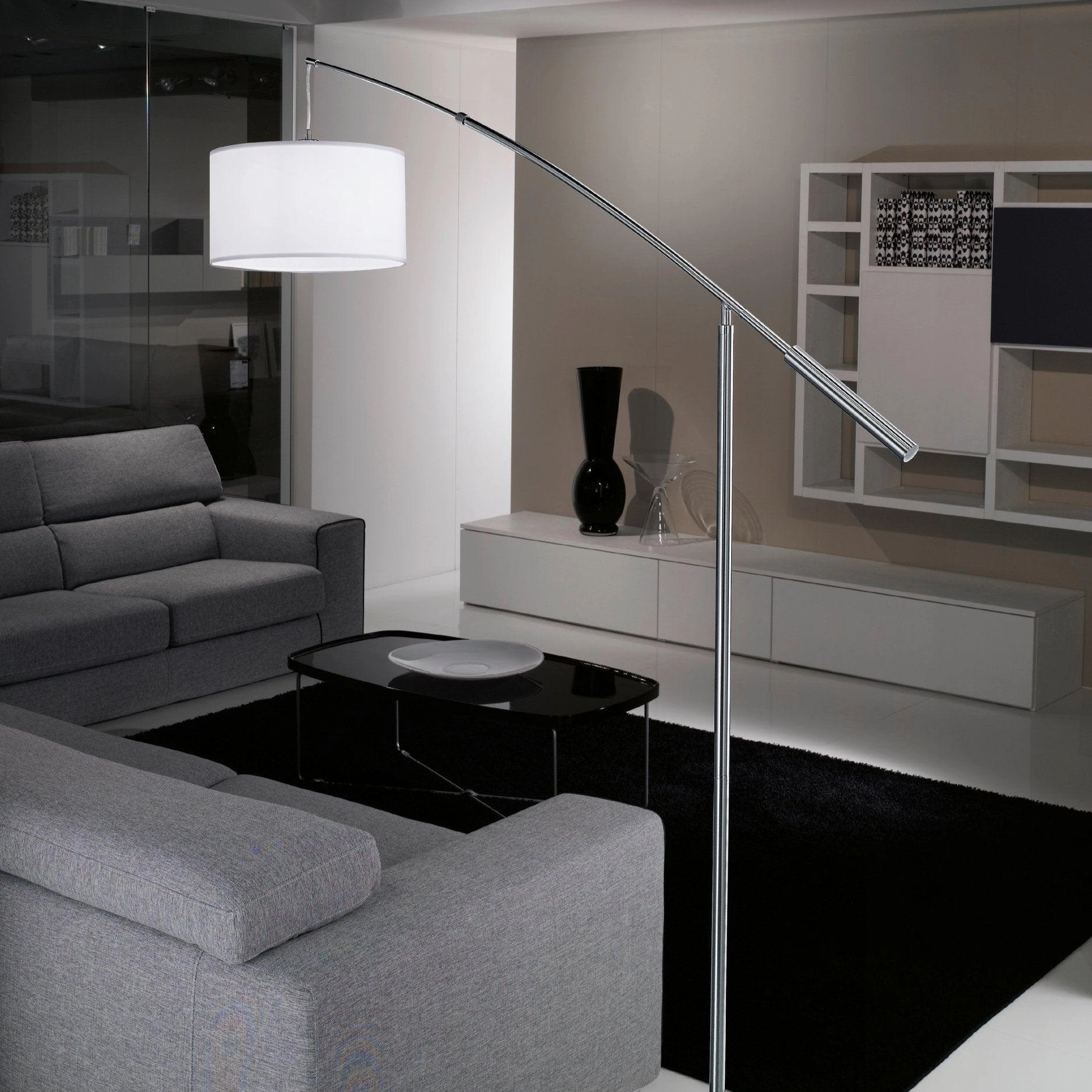 Eglo Nadina Nickel Boom Arm Floor Lamp With White Fabric Shade
