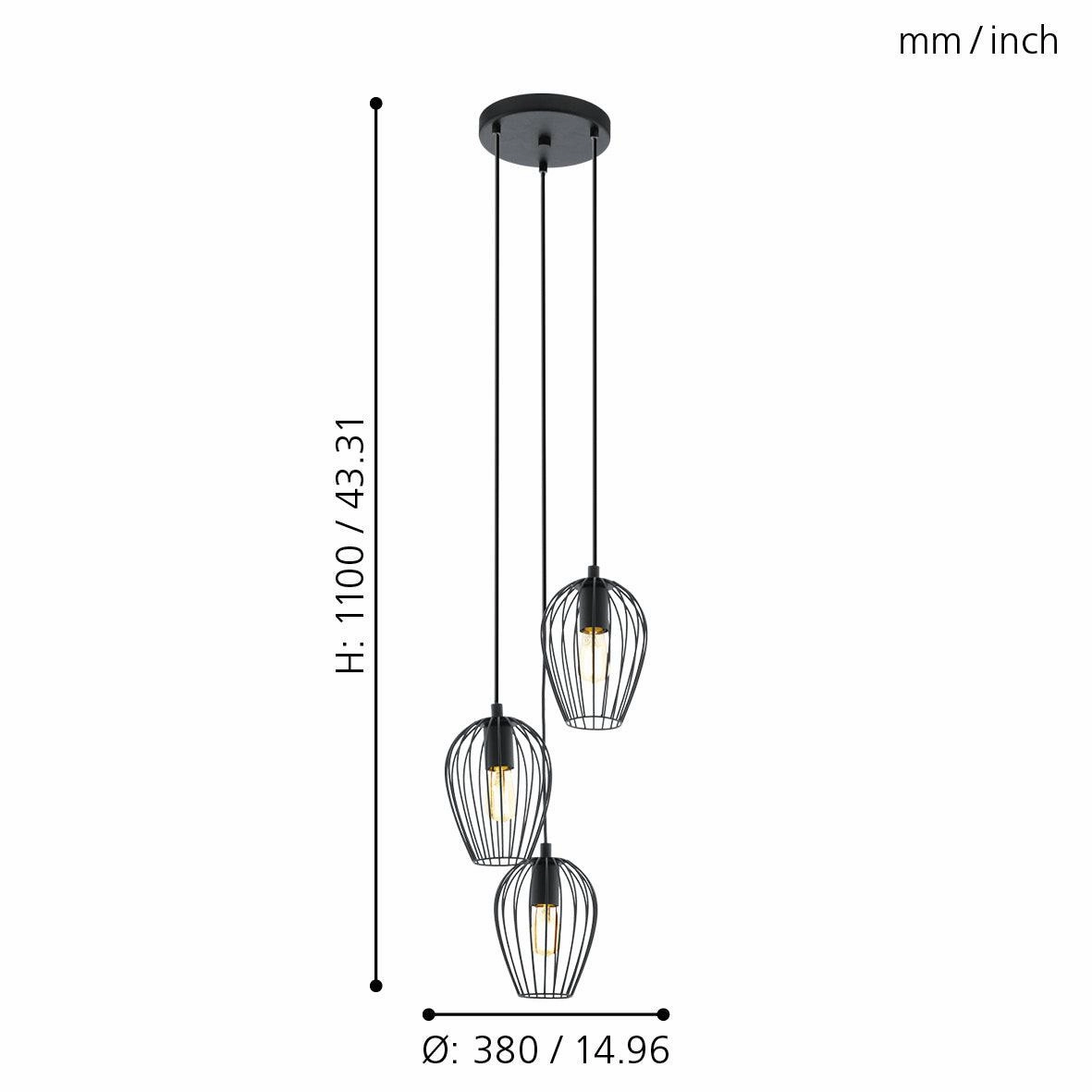 Eglo Newtown 3 Light Black Wire Oval Lampshade Ceiling Pendant