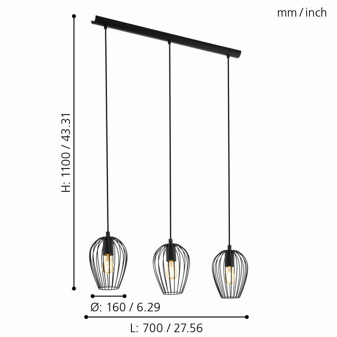 Eglo Newtown 3 Light Black Wire Oval Shade Bar Ceiling Pendant