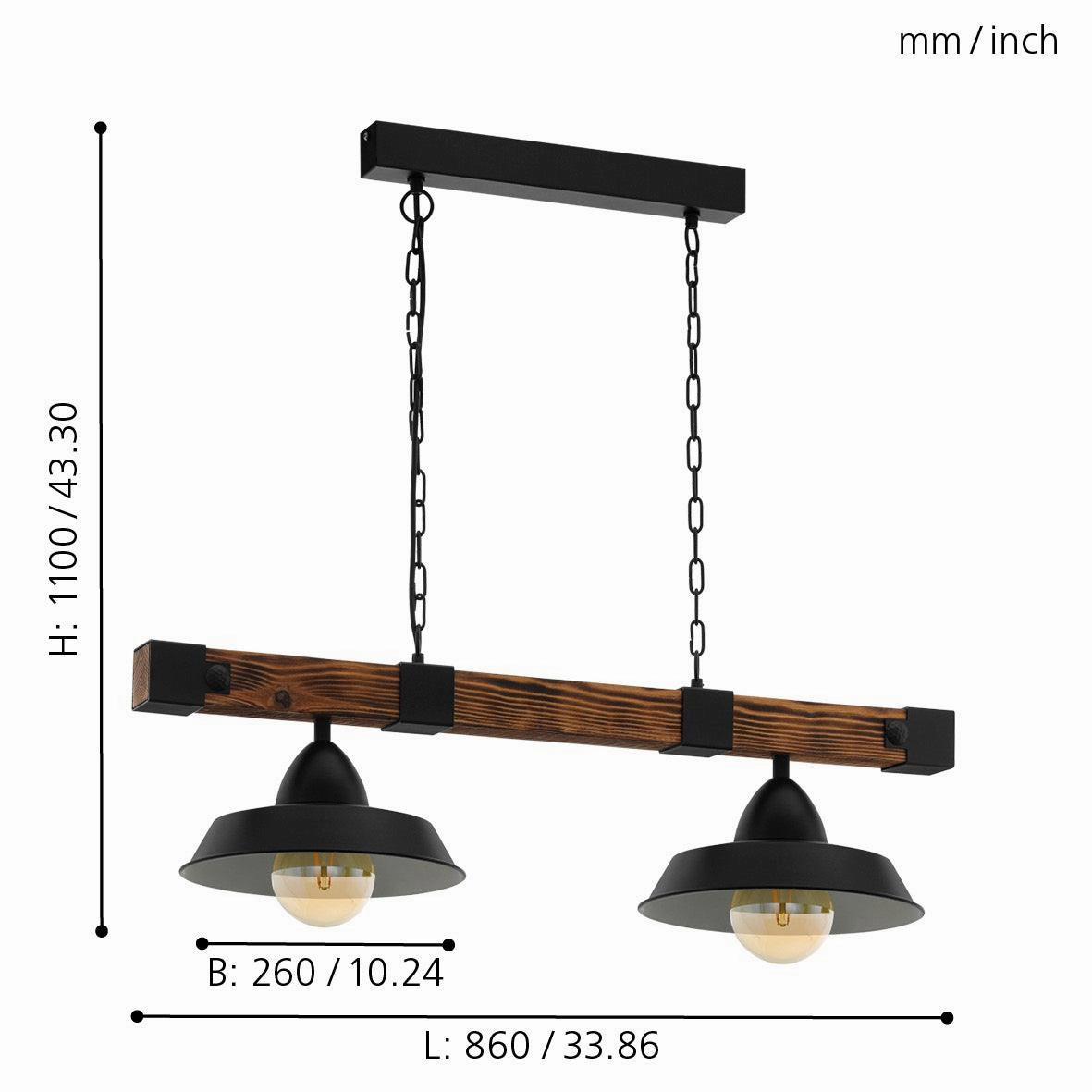 Eglo Oldbury 2 Light Burt Wood & Black Shaded Ceiling Pendant