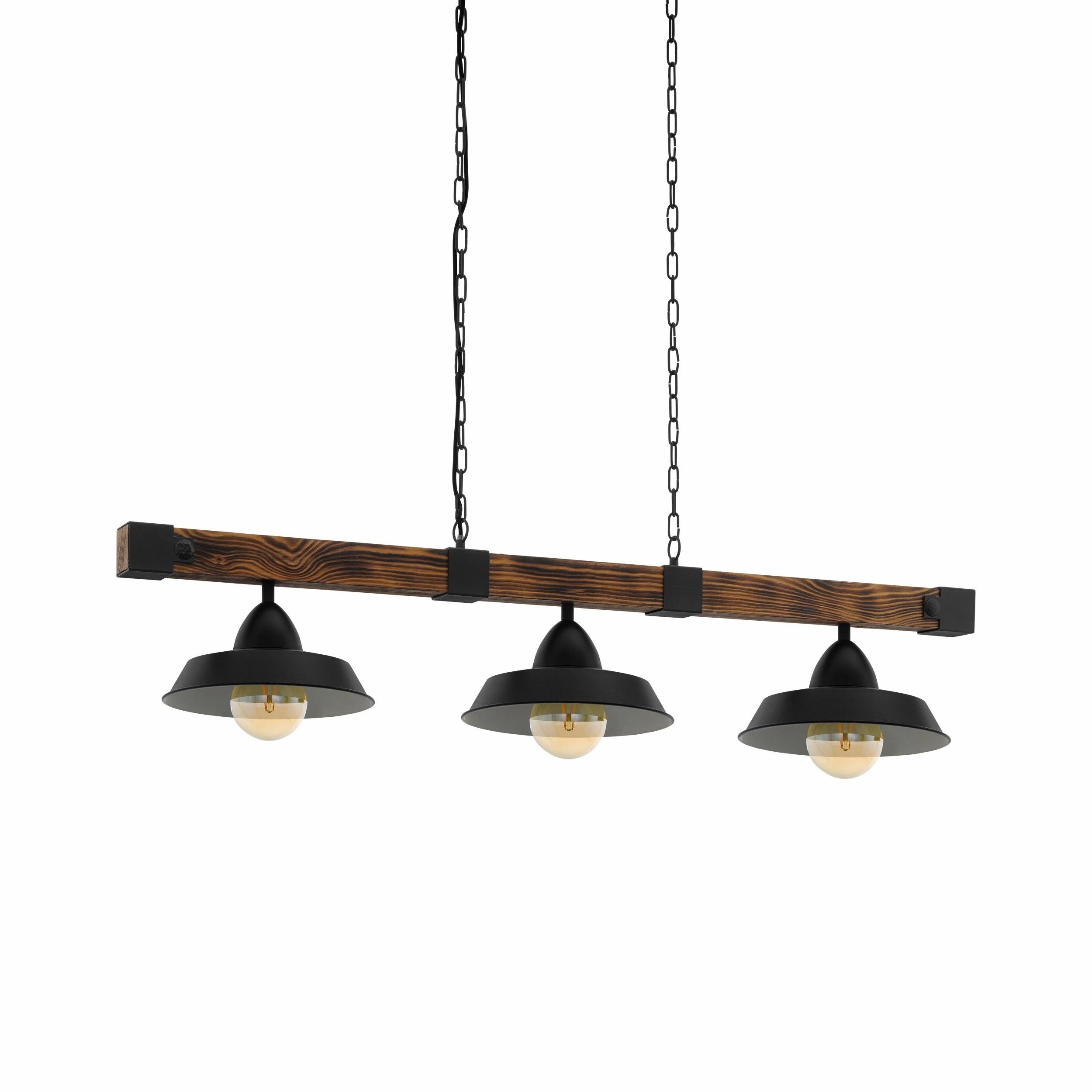 Eglo Oldbury 3 Light Burt Wood & Black Shaded Ceiling Pendant