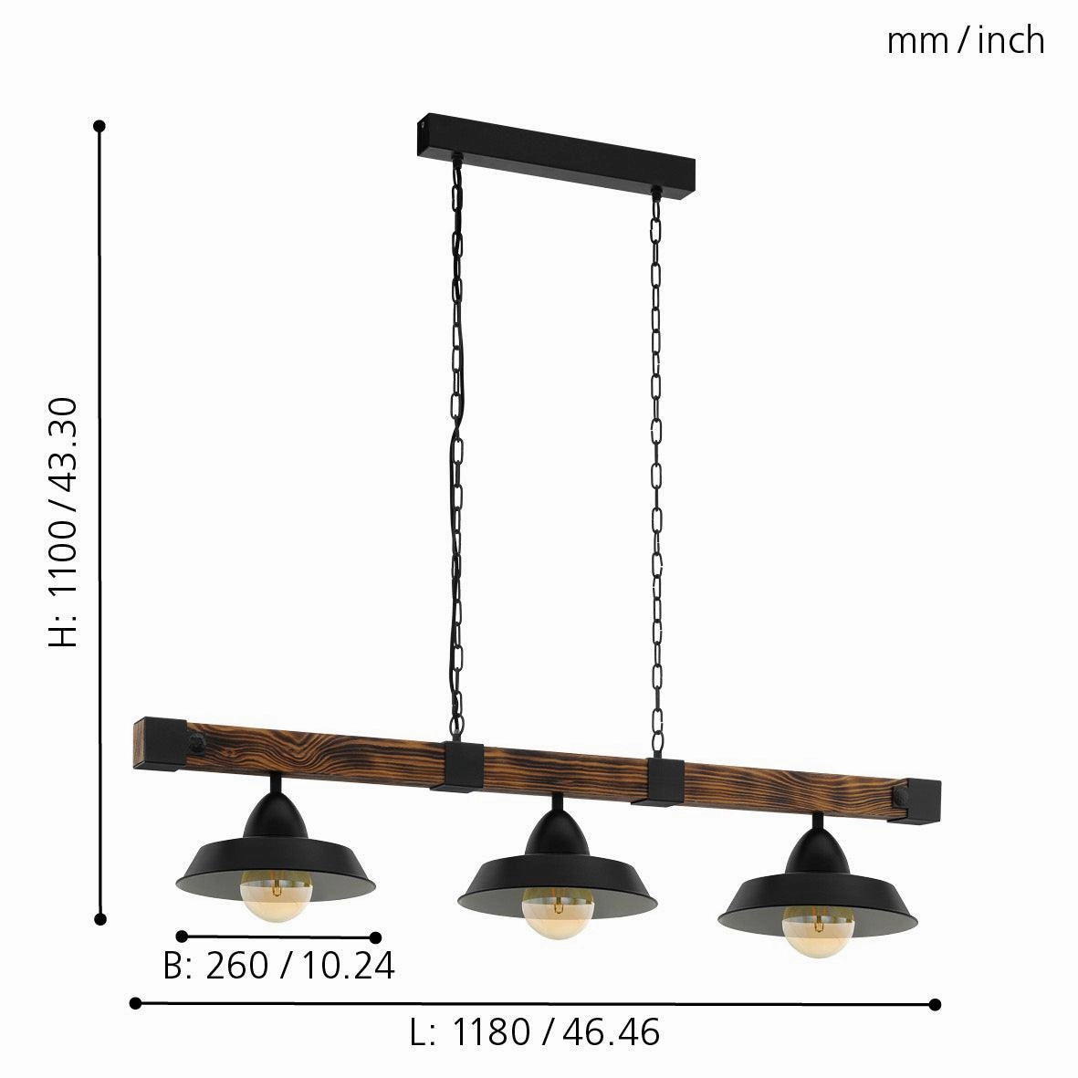 Eglo Oldbury 3 Light Burt Wood & Black Shaded Ceiling Pendant