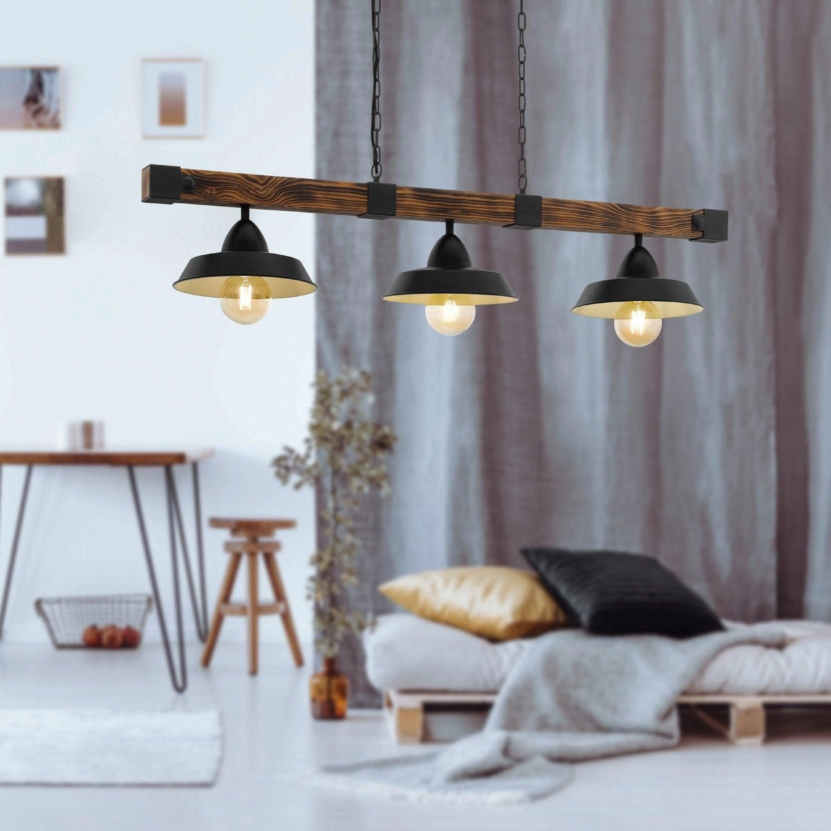 Eglo Oldbury 3 Light Burt Wood & Black Shaded Ceiling Pendant