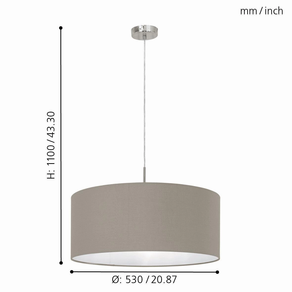 Eglo Pasteri Nickel Ceiling Pendant With Fabric Taupe Shade - 53cm