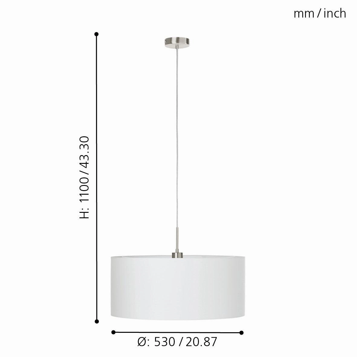 Eglo Pasteri Nickel Ceiling Pendant With Fabric White Shade - 53cm