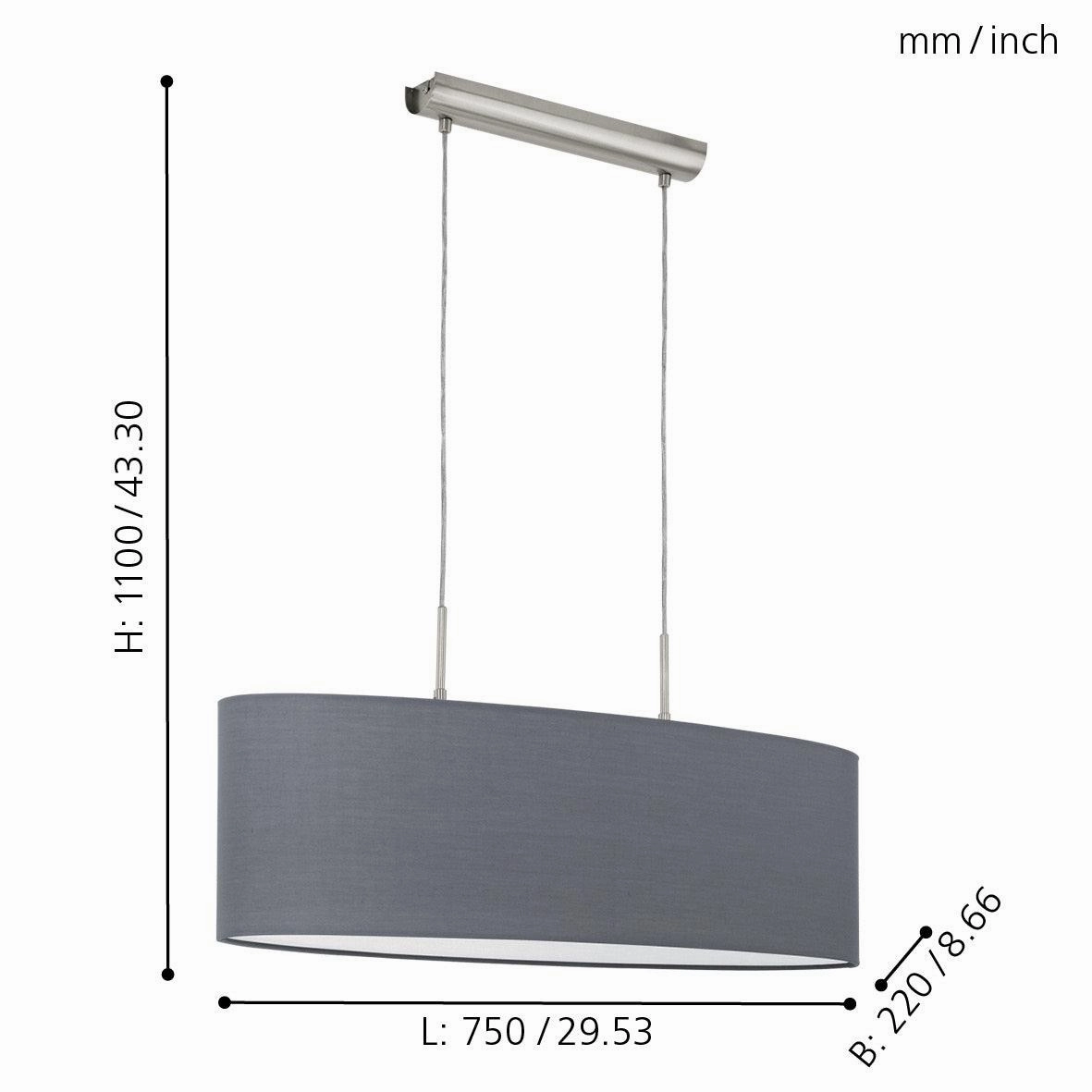 Eglo Pasteri Nickel Ceiling Pendant With Oval Grey Shade - 75cm