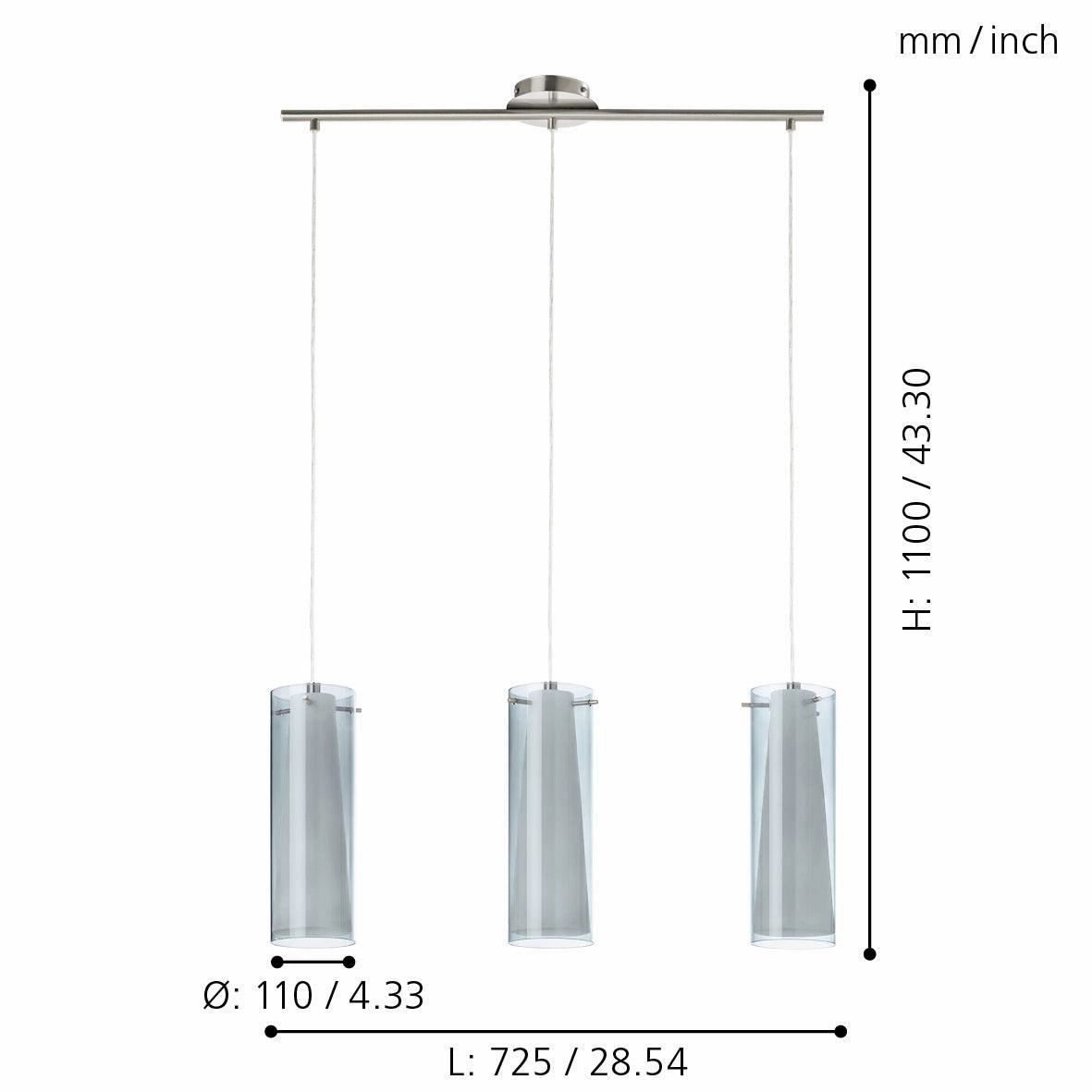 Eglo Pinto Nero 3 Light Chrome, Smoked & Opal Glass Pendant