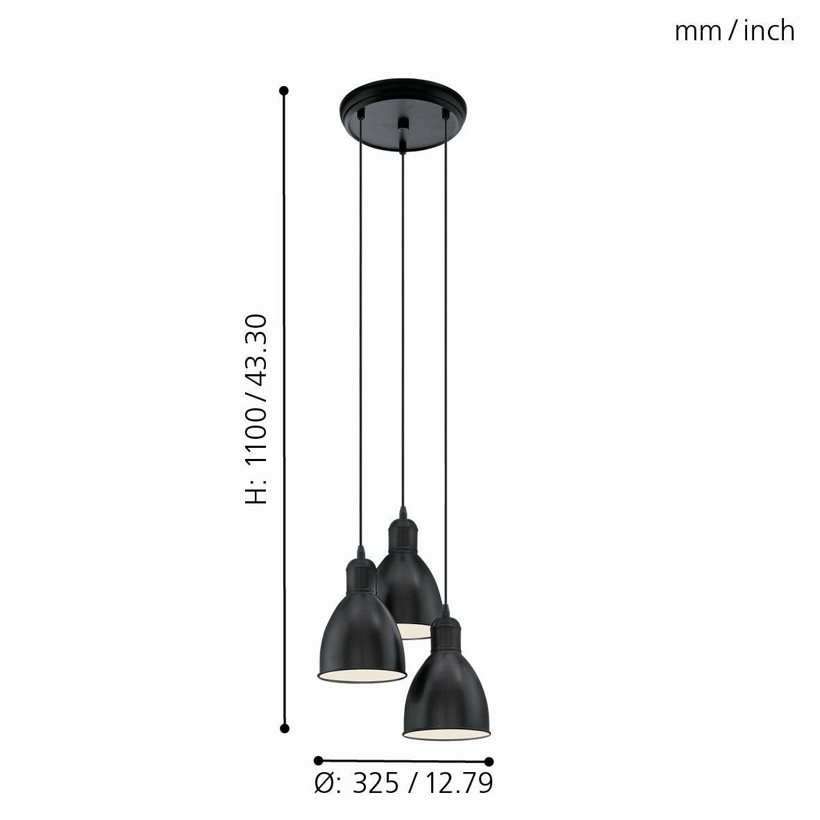 Eglo Priddy 3 Light Black Metal Industrial Shaded Ceiling Pendant