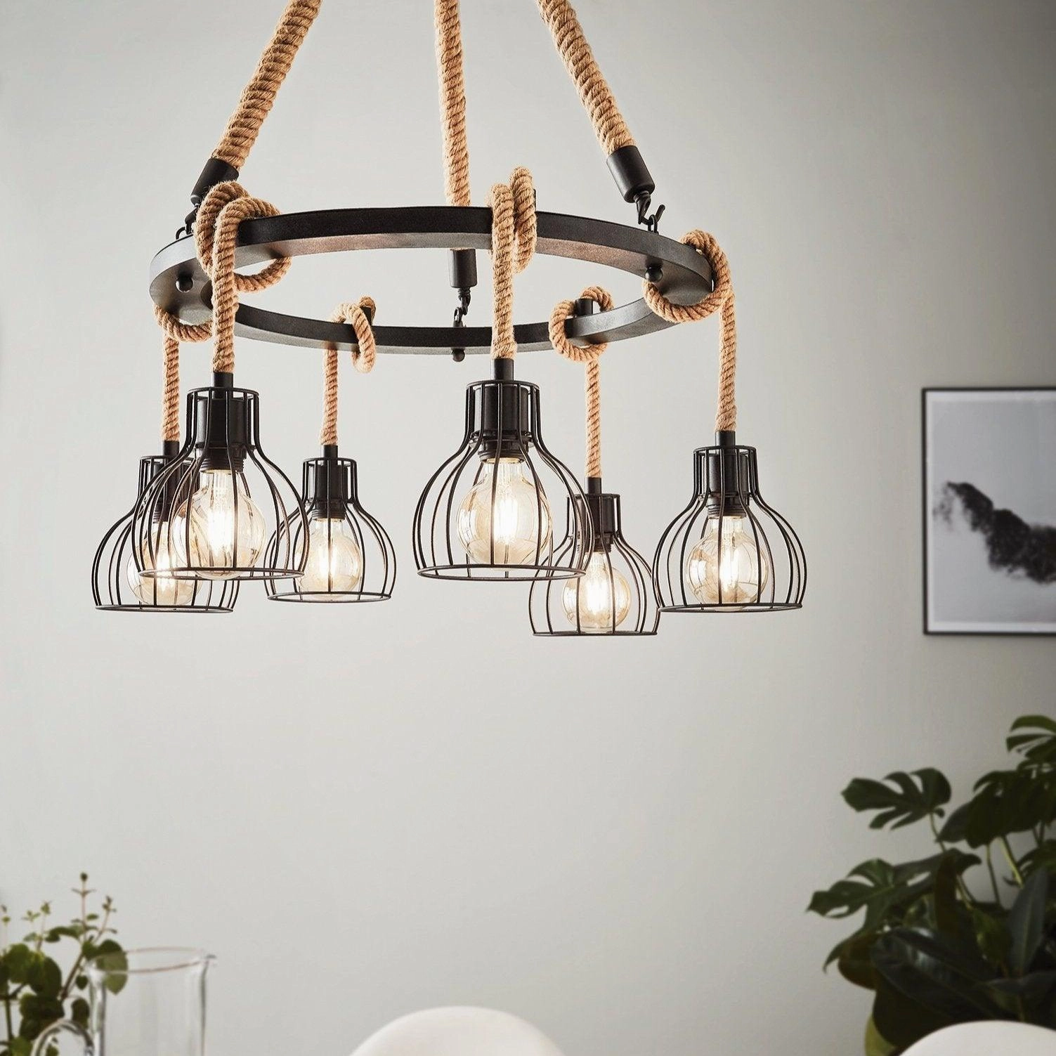 Eglo Rampside Rope 6 Light Ceiling Pendant - Black Wire Shades