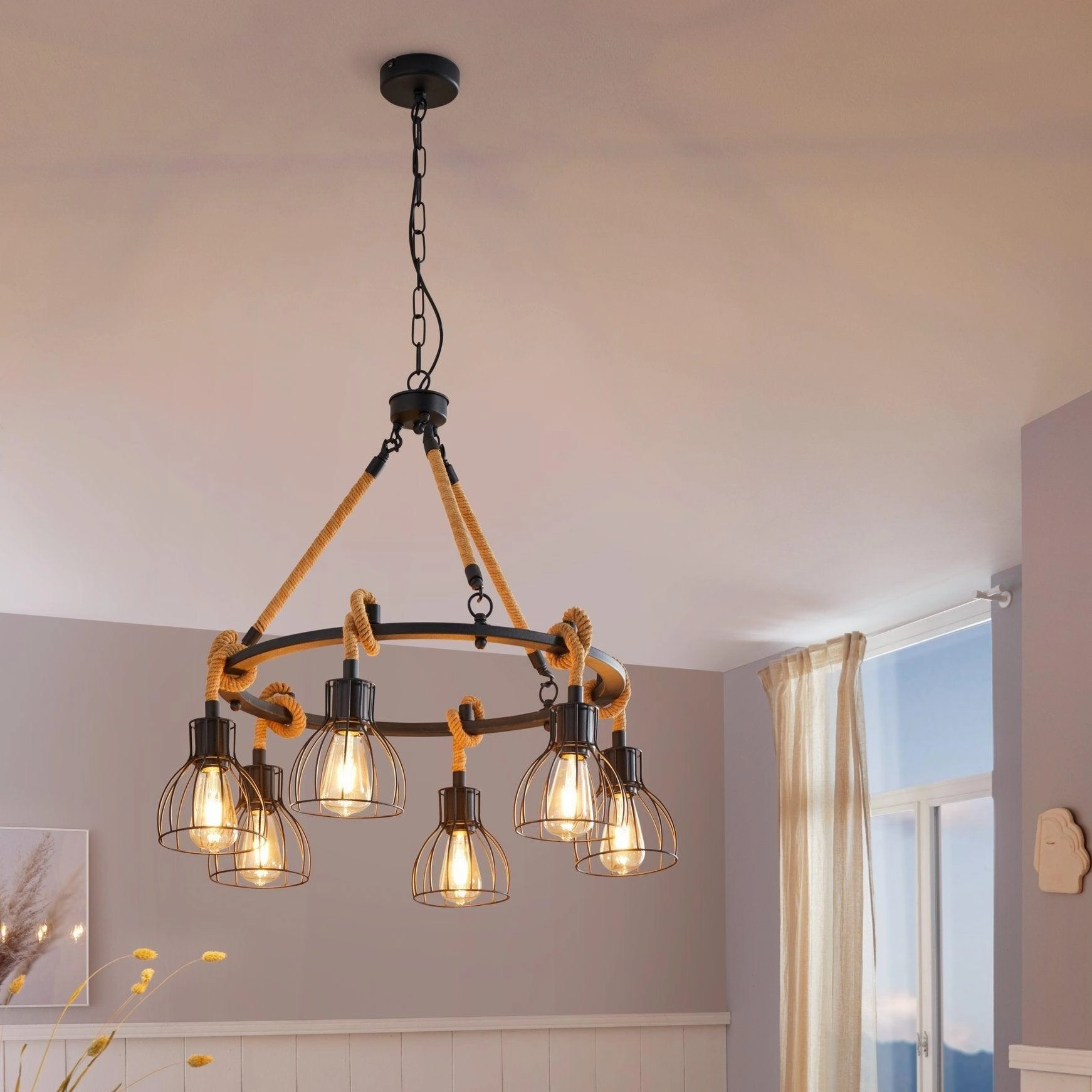Eglo Rampside Rope 6 Light Ceiling Pendant - Black Wire Shades